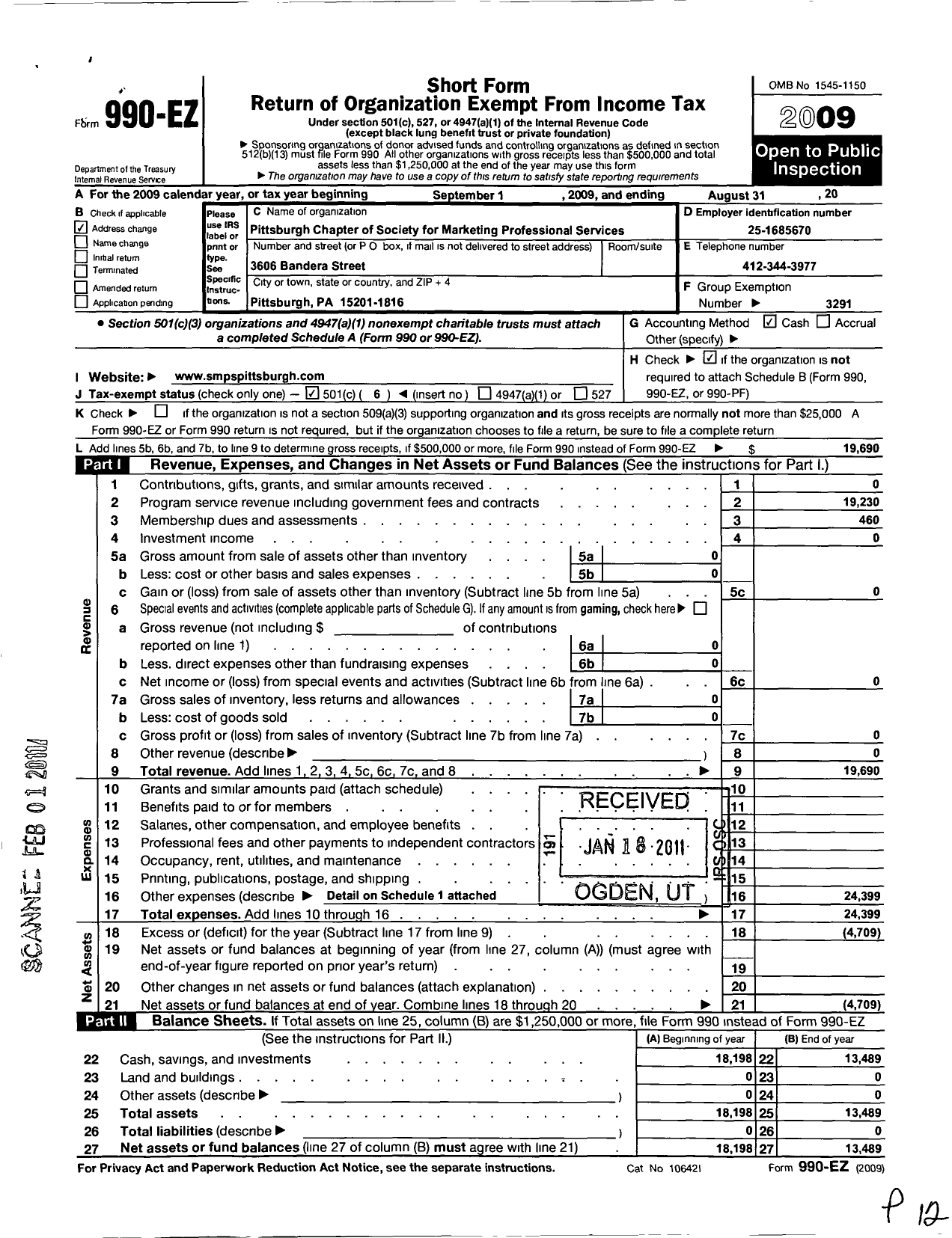 Image of first page of 2009 Form 990EO for Society for Marketing Professional Services / Pittsburgh Chapter of SMPS