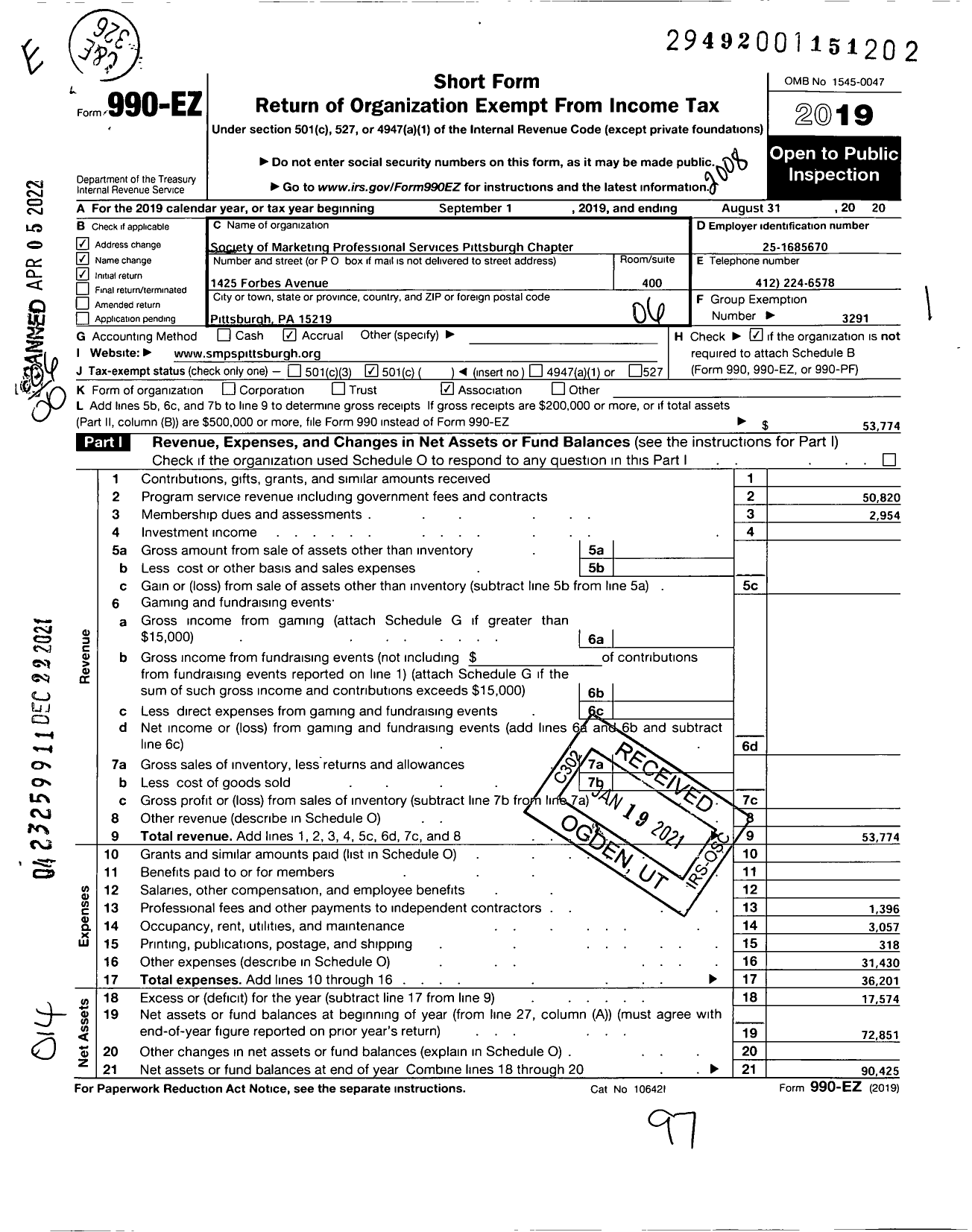 Image of first page of 2019 Form 990EO for Society for Marketing Professional Services / Pittsburgh Chapter of SMPS