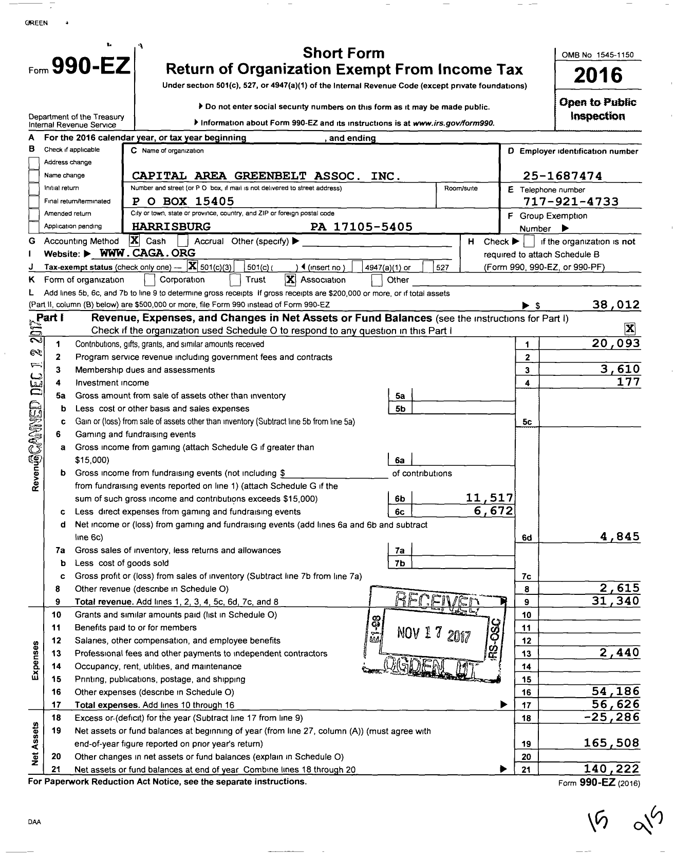 Image of first page of 2016 Form 990EZ for Capital Area Greenbelt Association