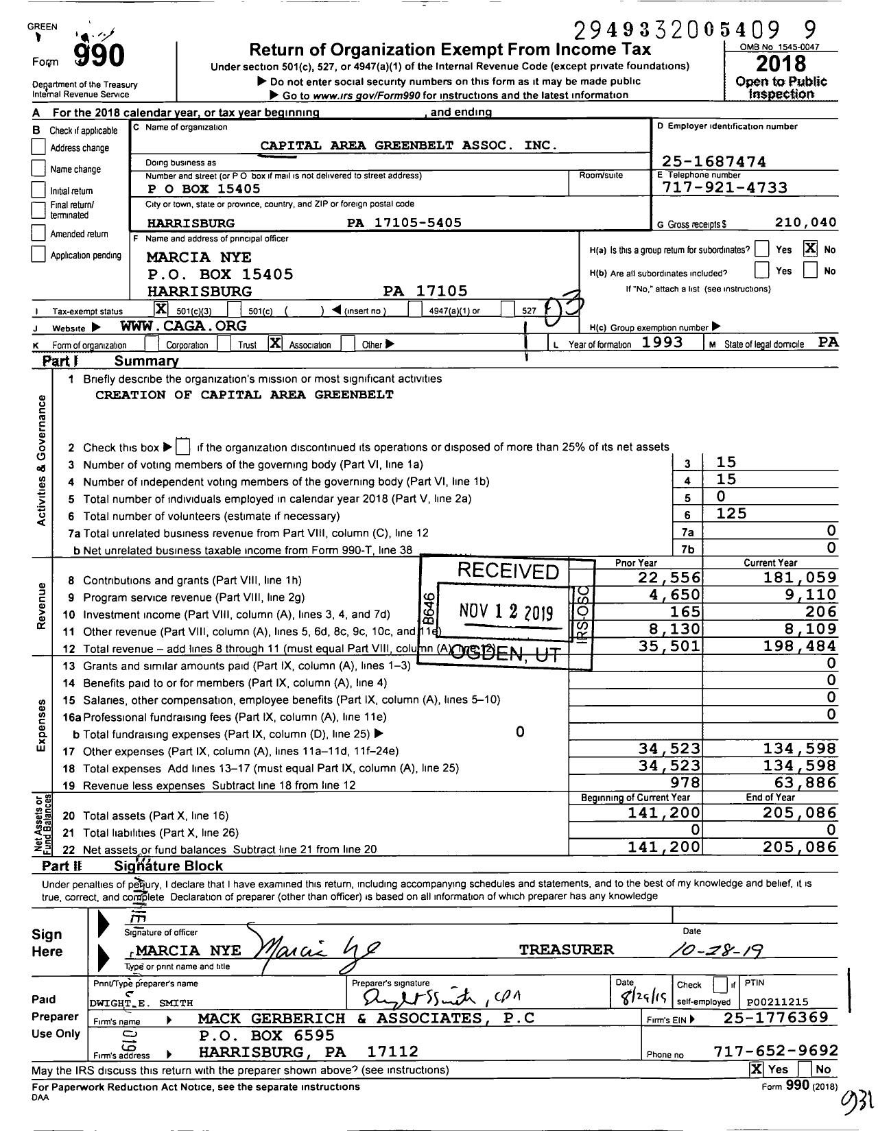 Image of first page of 2018 Form 990 for Capital Area Greenbelt Association