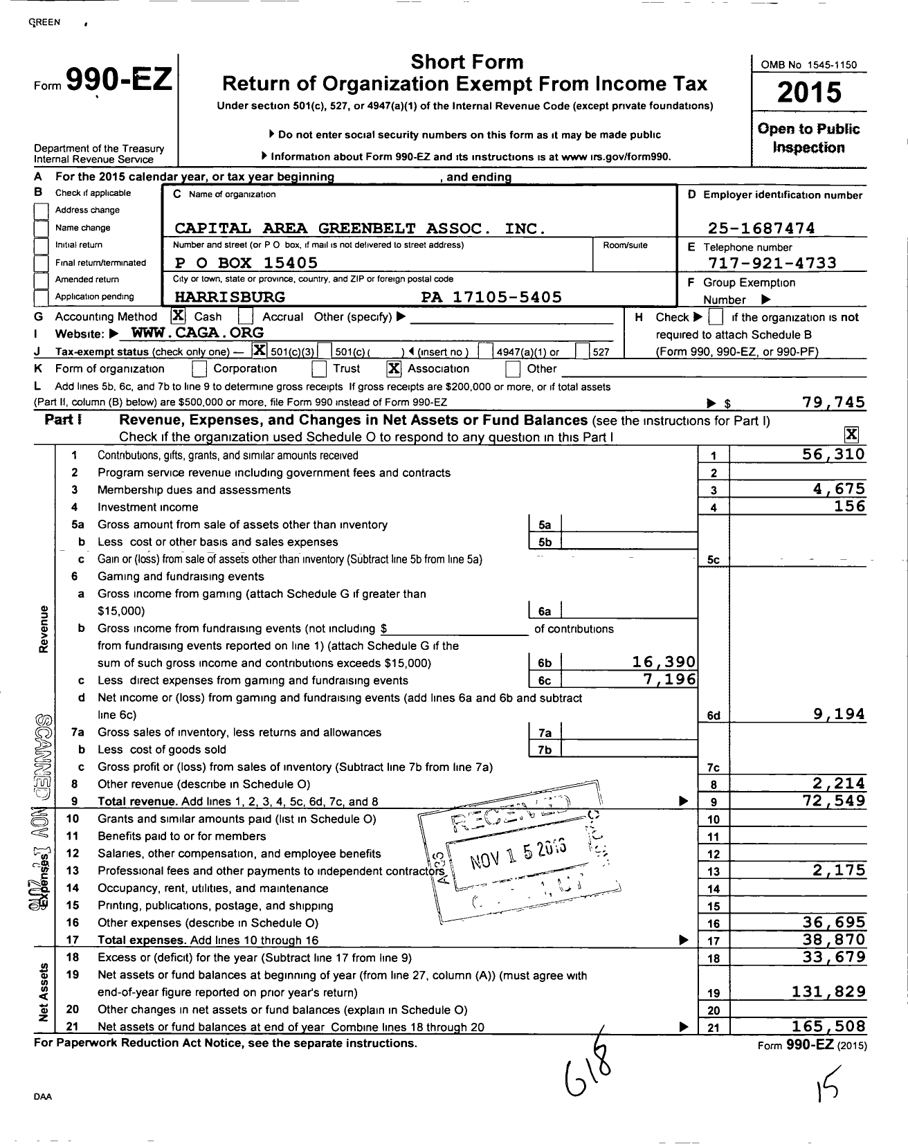 Image of first page of 2015 Form 990EZ for Capital Area Greenbelt Association