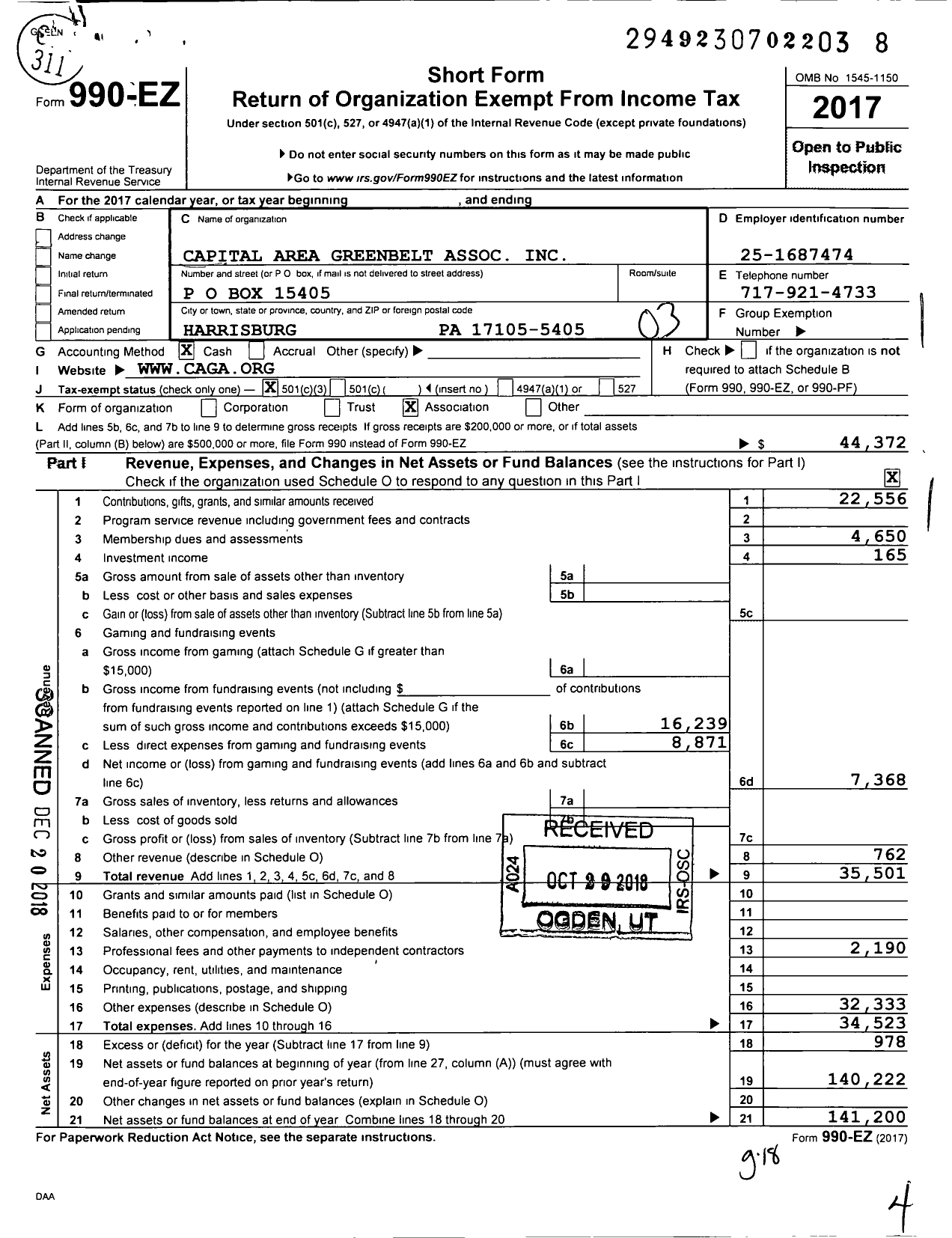 Image of first page of 2017 Form 990EZ for Capital Area Greenbelt Association