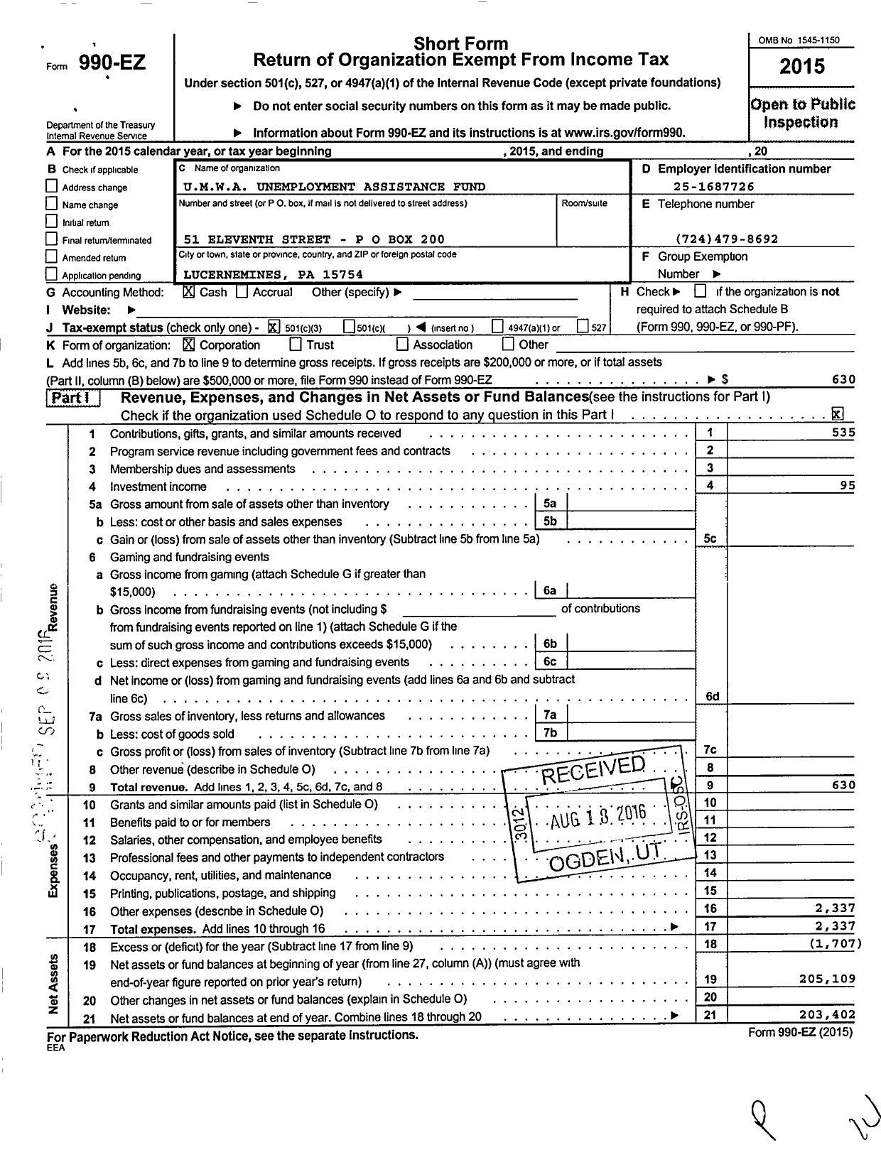 Image of first page of 2015 Form 990EZ for United Mine Workers of America