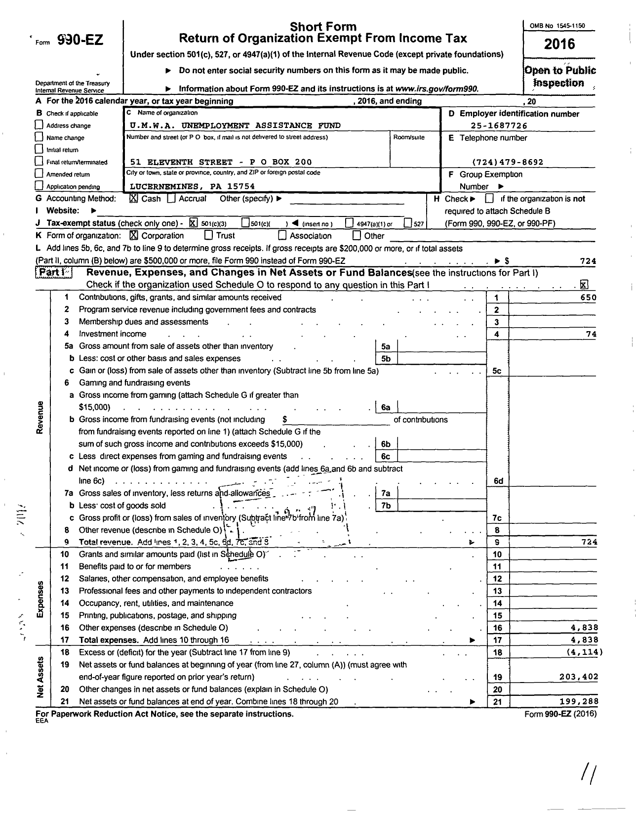Image of first page of 2016 Form 990EZ for United Mine Workers of America