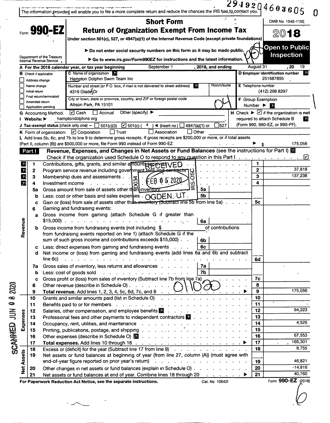 Image of first page of 2018 Form 990EO for Hampton Dolphins Swim Team