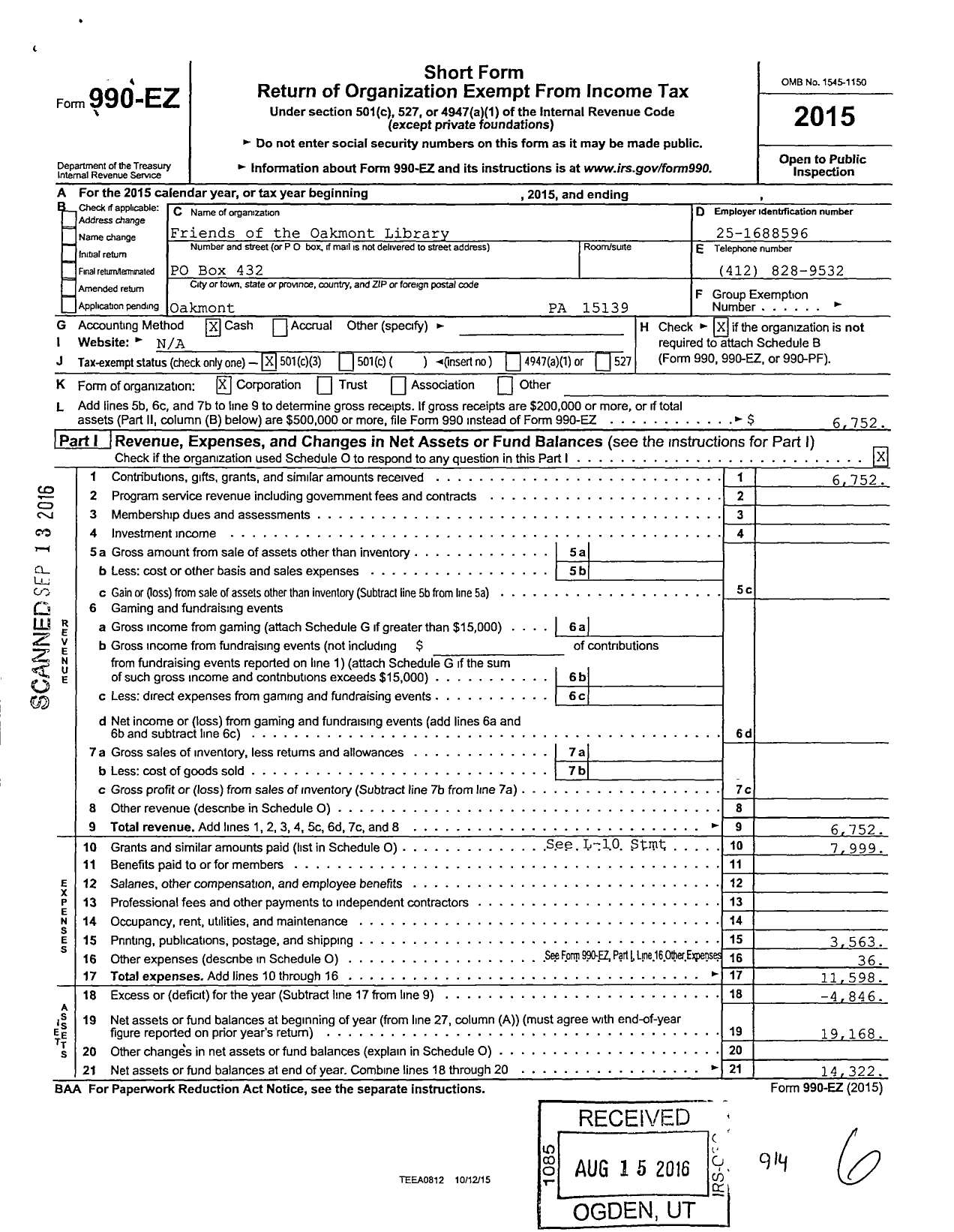 Image of first page of 2015 Form 990EZ for Friends of the Oakmont Library