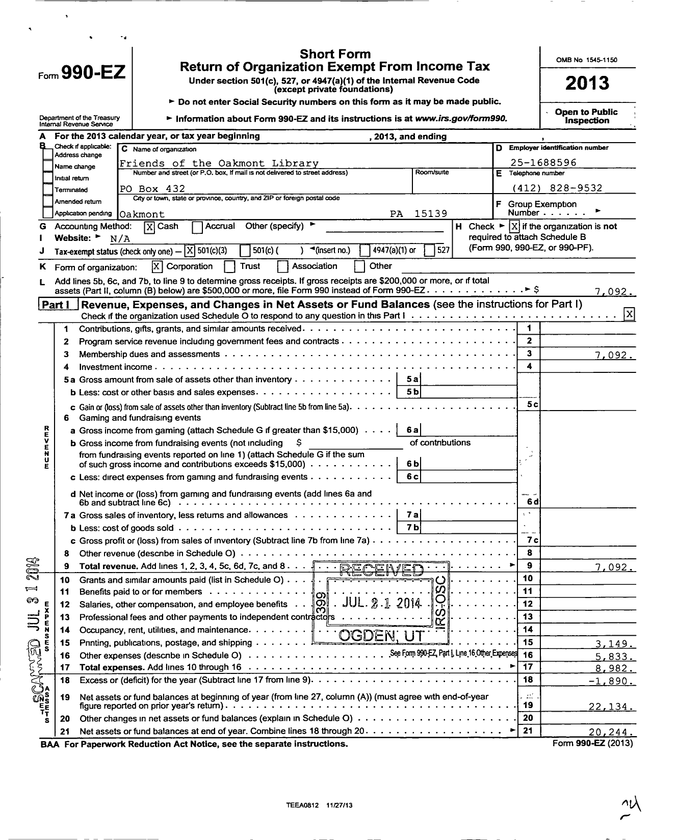 Image of first page of 2013 Form 990EZ for Friends of the Oakmont Library