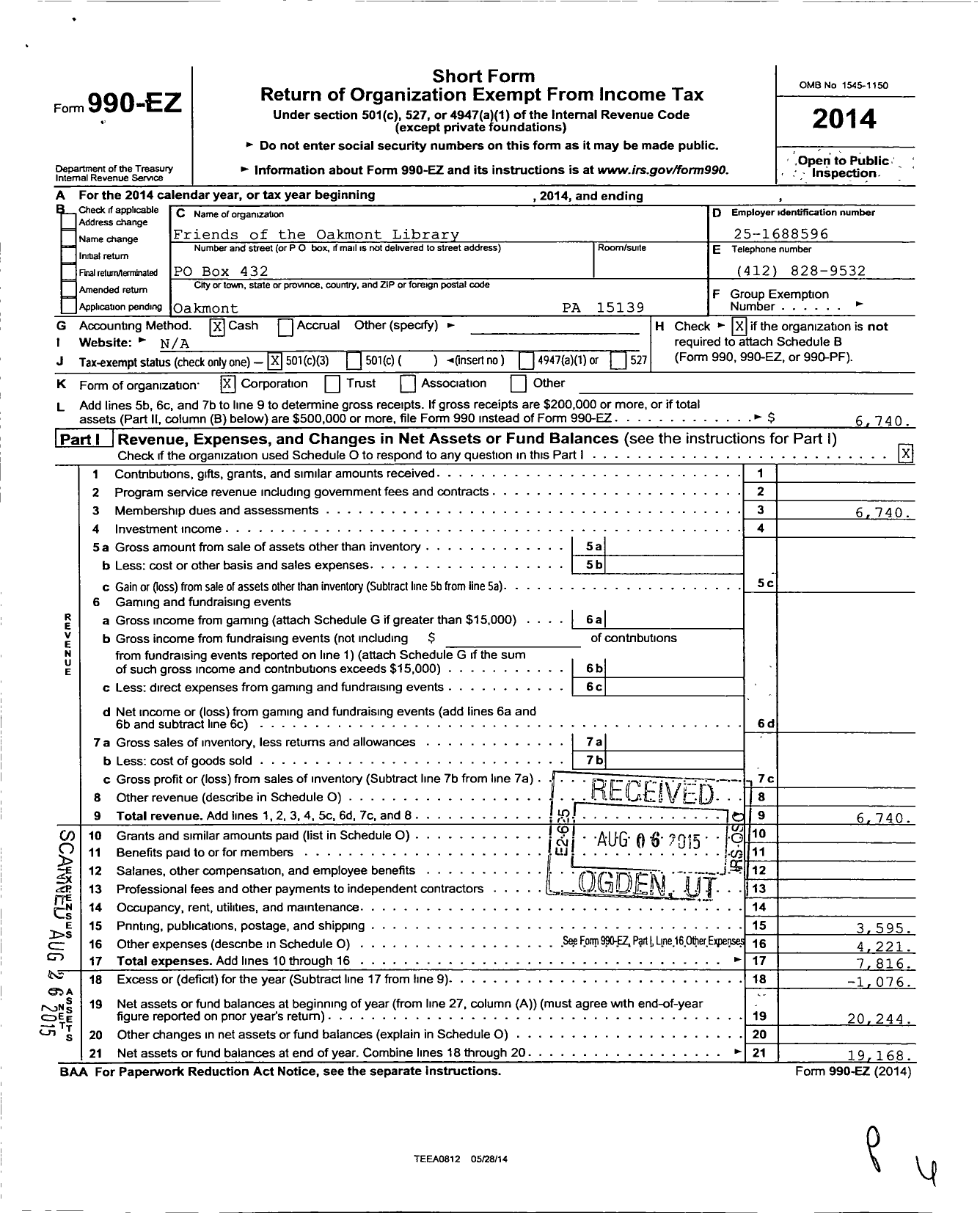 Image of first page of 2014 Form 990EZ for Friends of the Oakmont Library