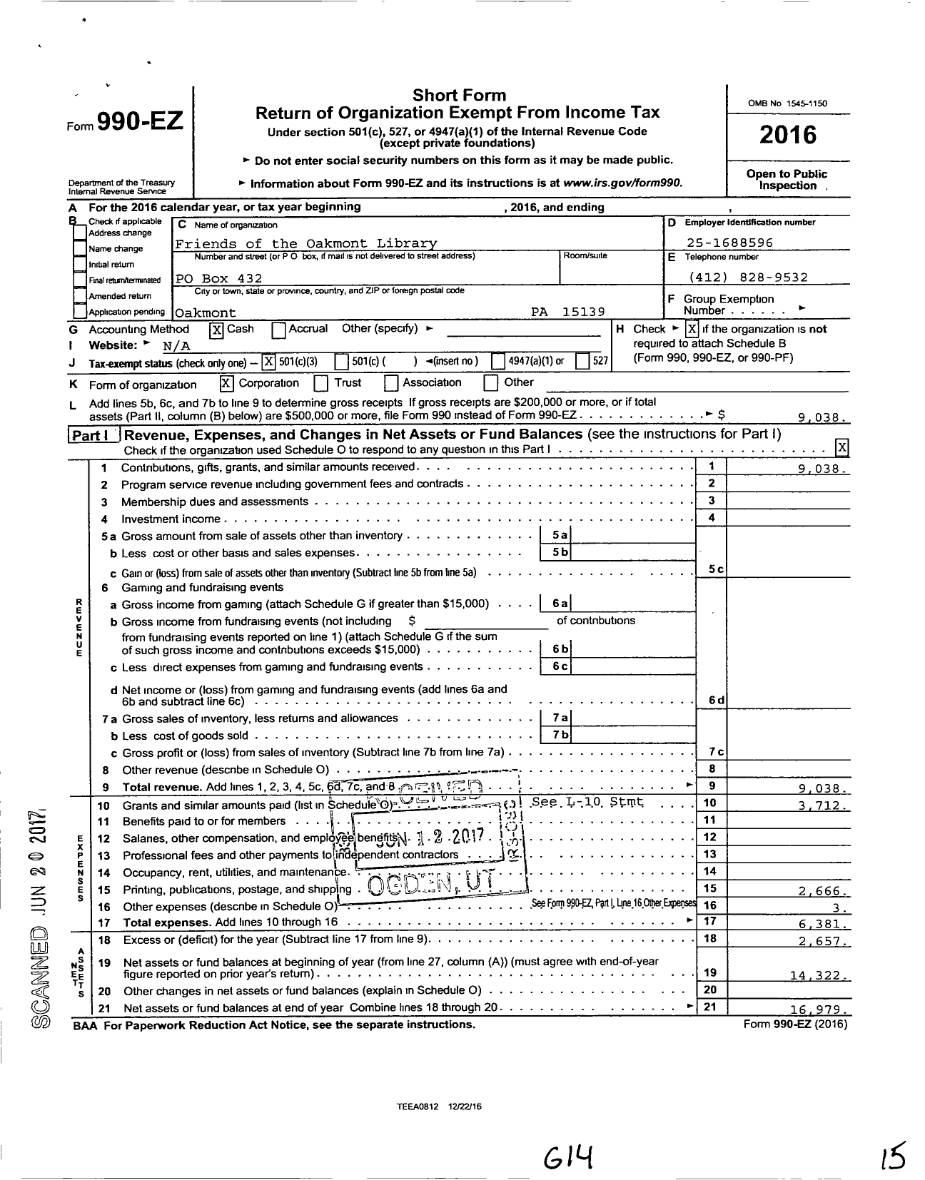 Image of first page of 2016 Form 990EZ for Friends of the Oakmont Library