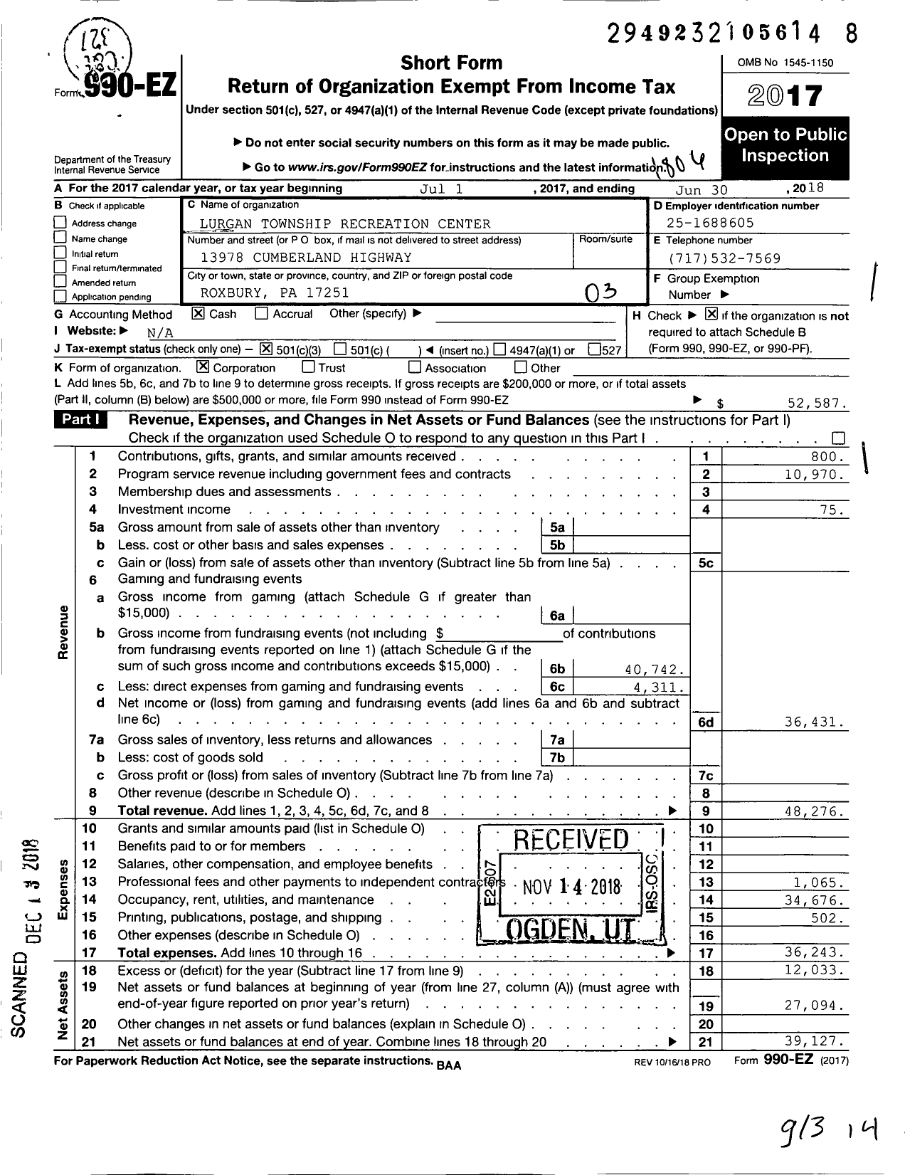Image of first page of 2017 Form 990EZ for Lurgan Township Recreation Center