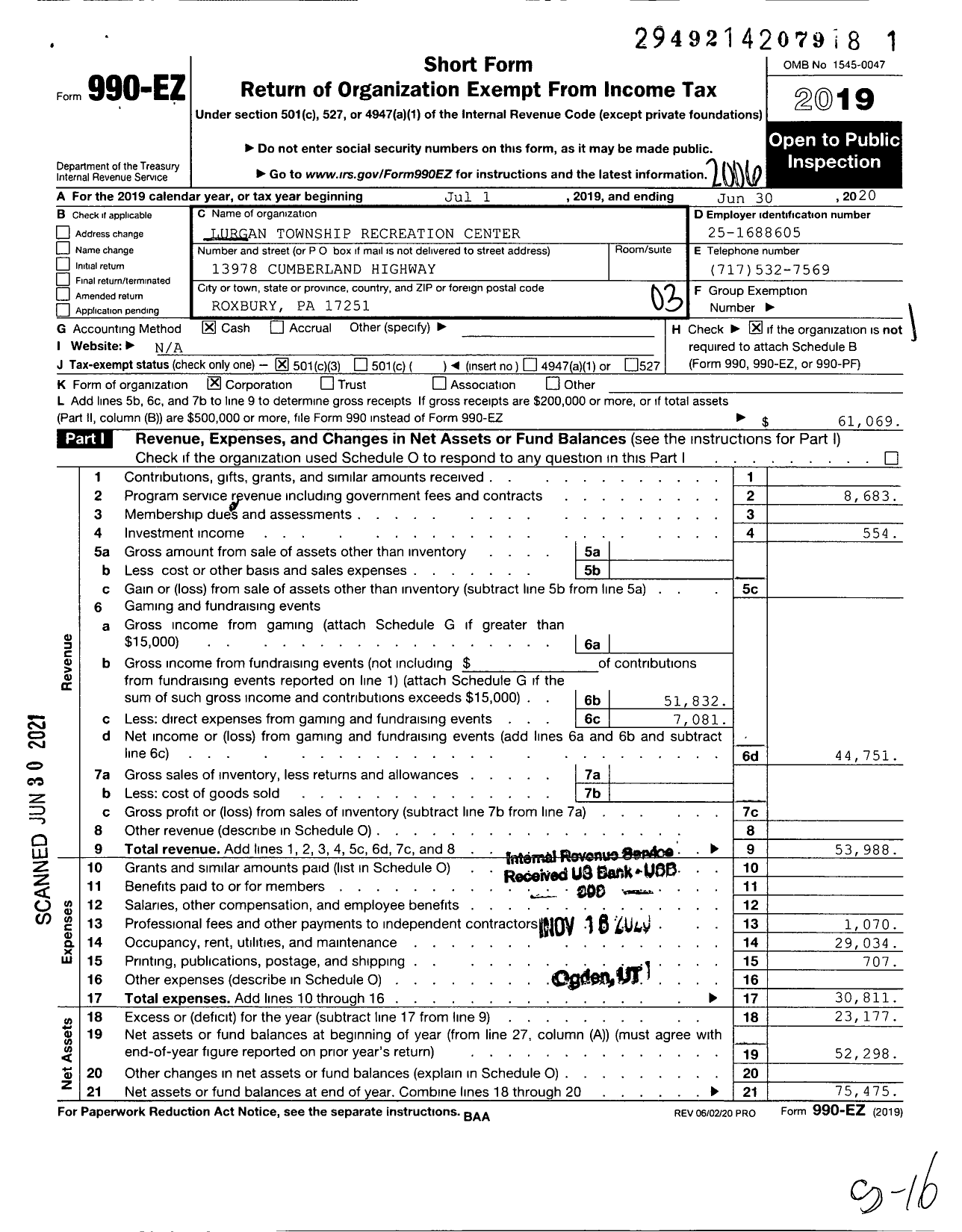 Image of first page of 2019 Form 990EZ for Lurgan Township Recreation Center