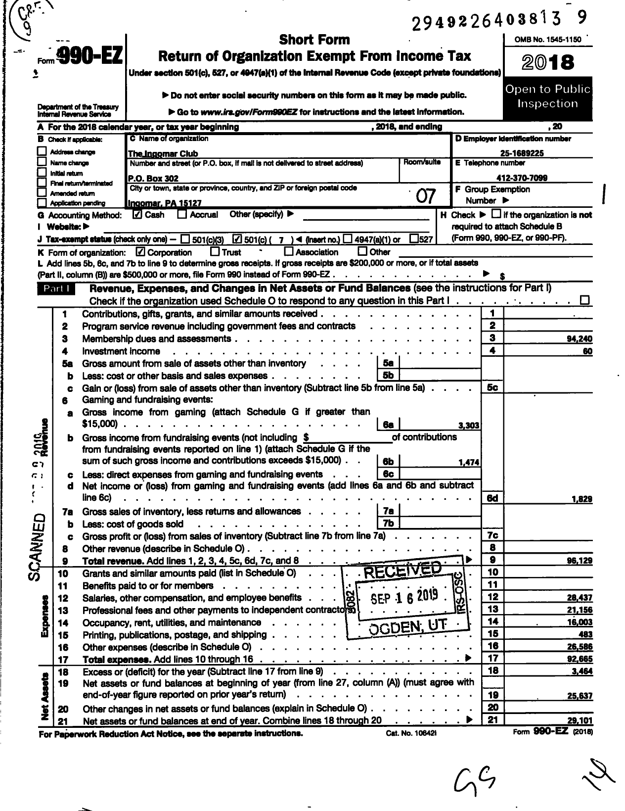 Image of first page of 2018 Form 990EO for The Ingomar Club