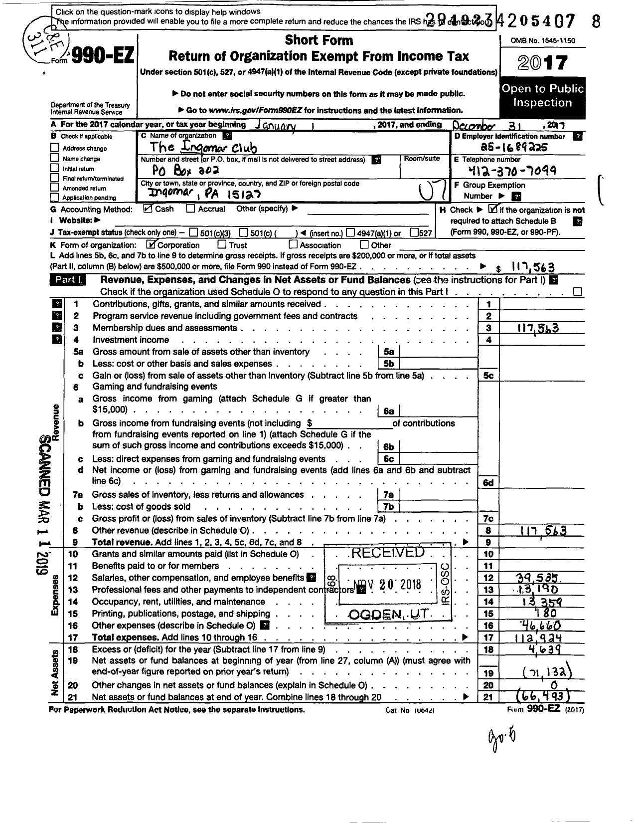 Image of first page of 2017 Form 990EO for The Ingomar Club