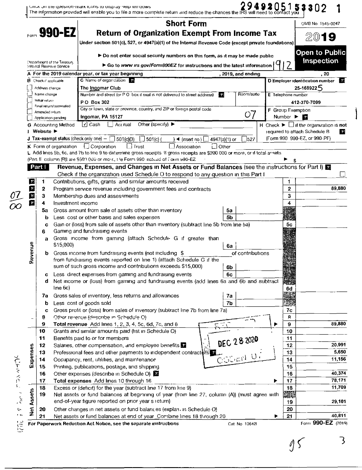 Image of first page of 2019 Form 990EO for The Ingomar Club