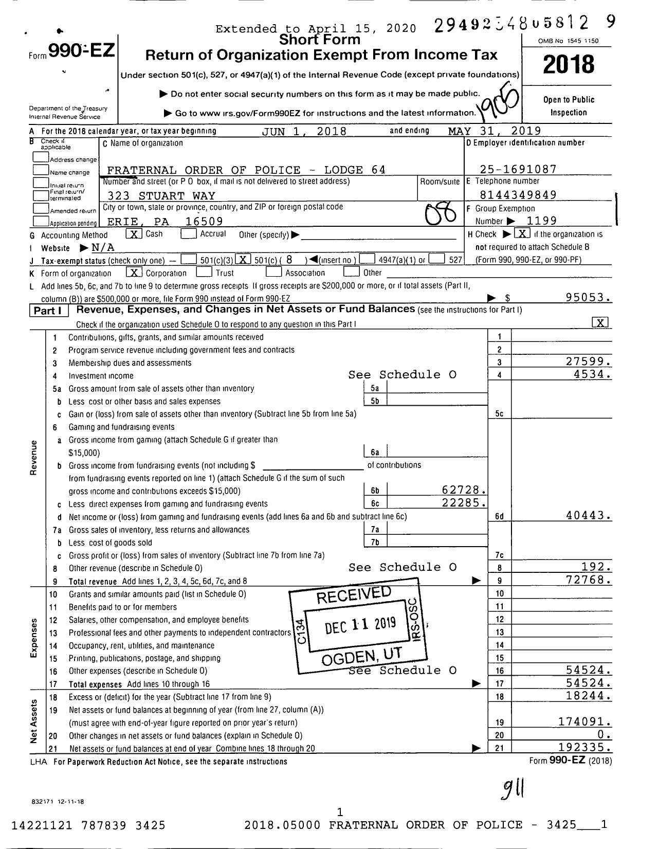 Image of first page of 2018 Form 990EO for Fraternal Order of Police - William Tyler Memorial 64