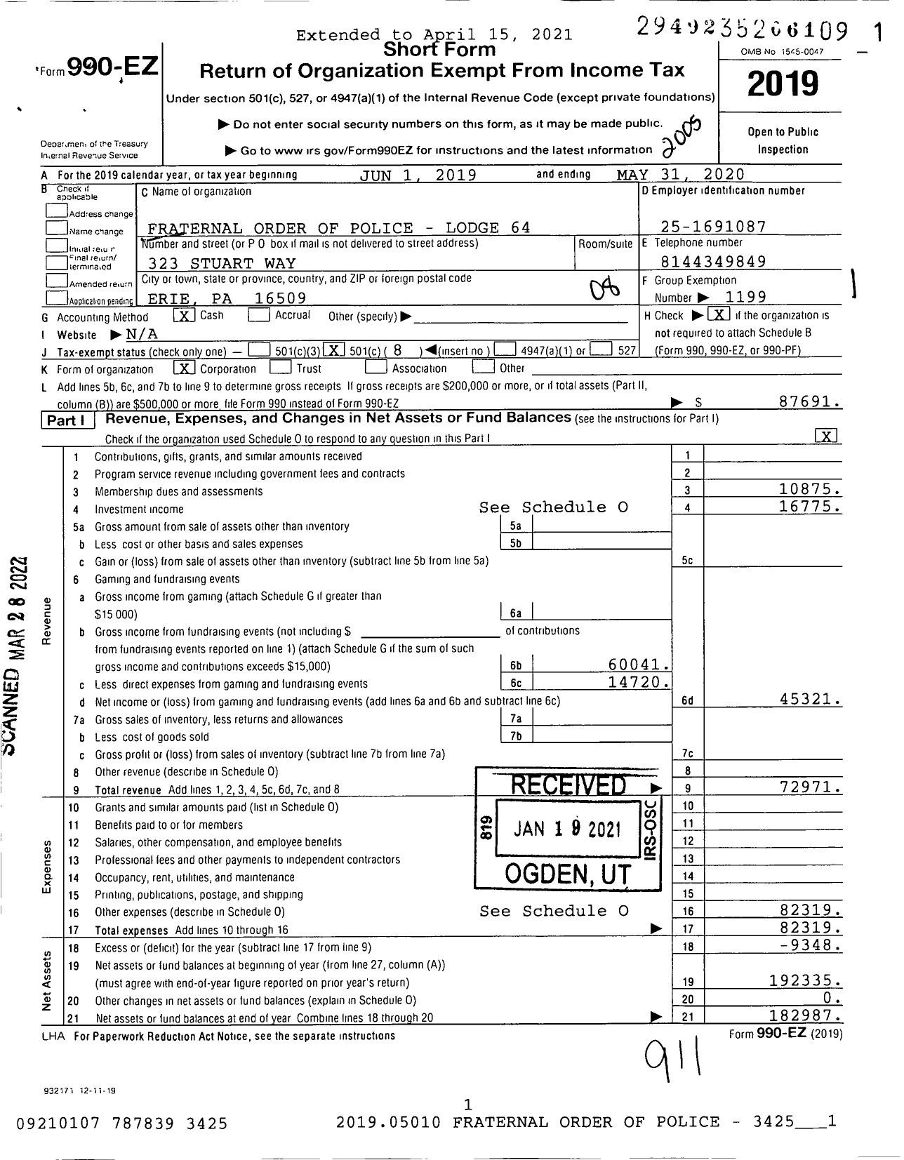 Image of first page of 2019 Form 990EO for Fraternal Order of Police - William Tyler Memorial 64