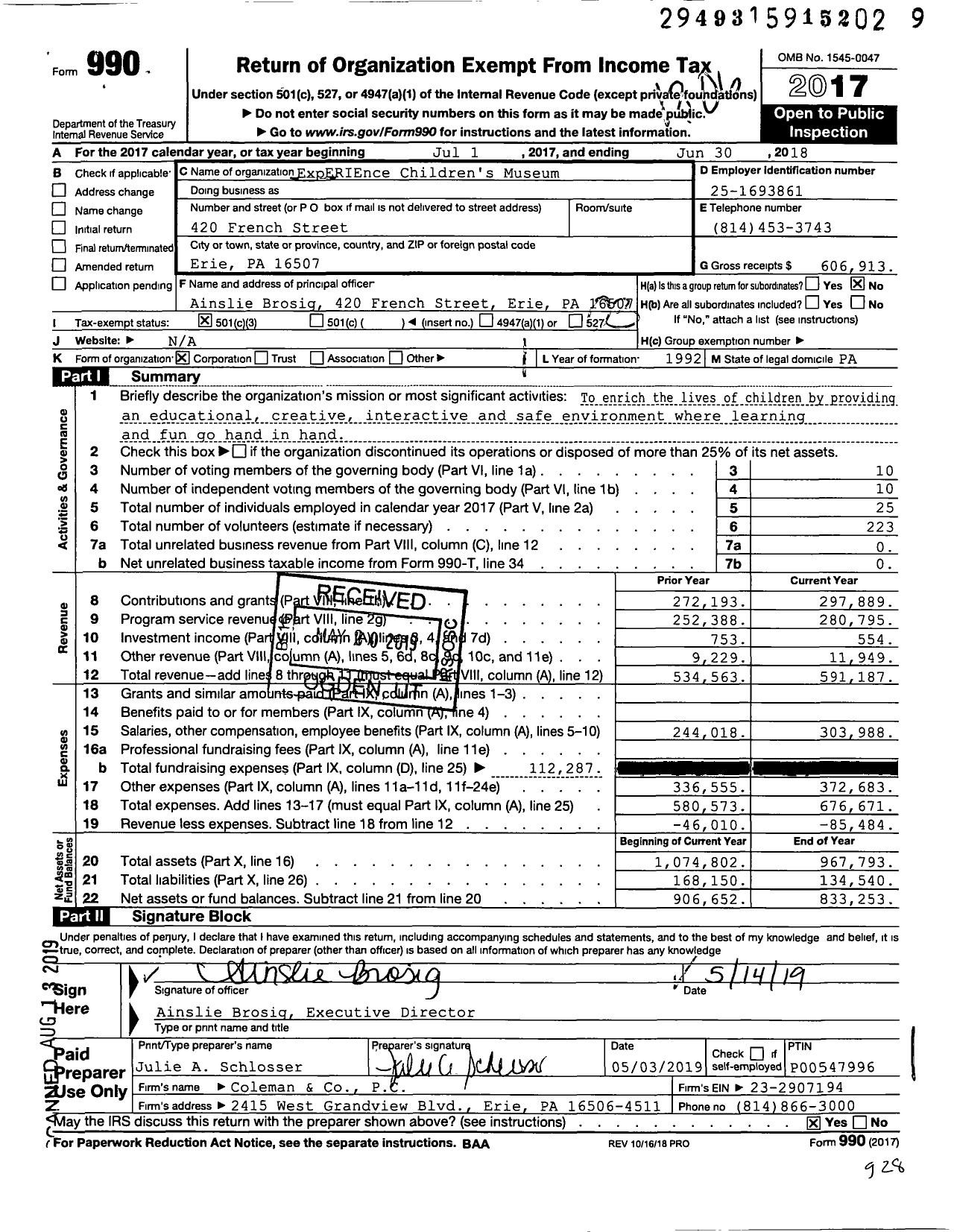 Image of first page of 2017 Form 990 for ExpERIEnce Children's Museum