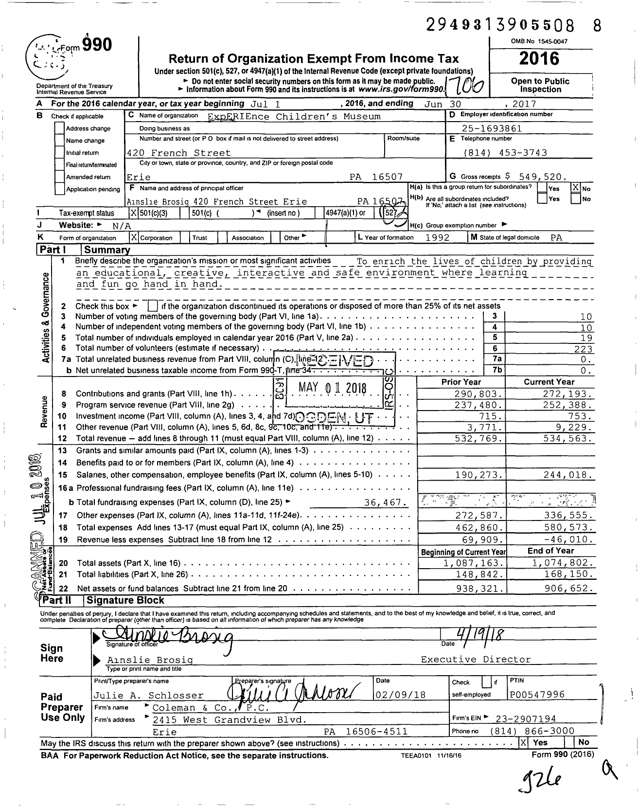 Image of first page of 2016 Form 990 for ExpERIEnce Children's Museum