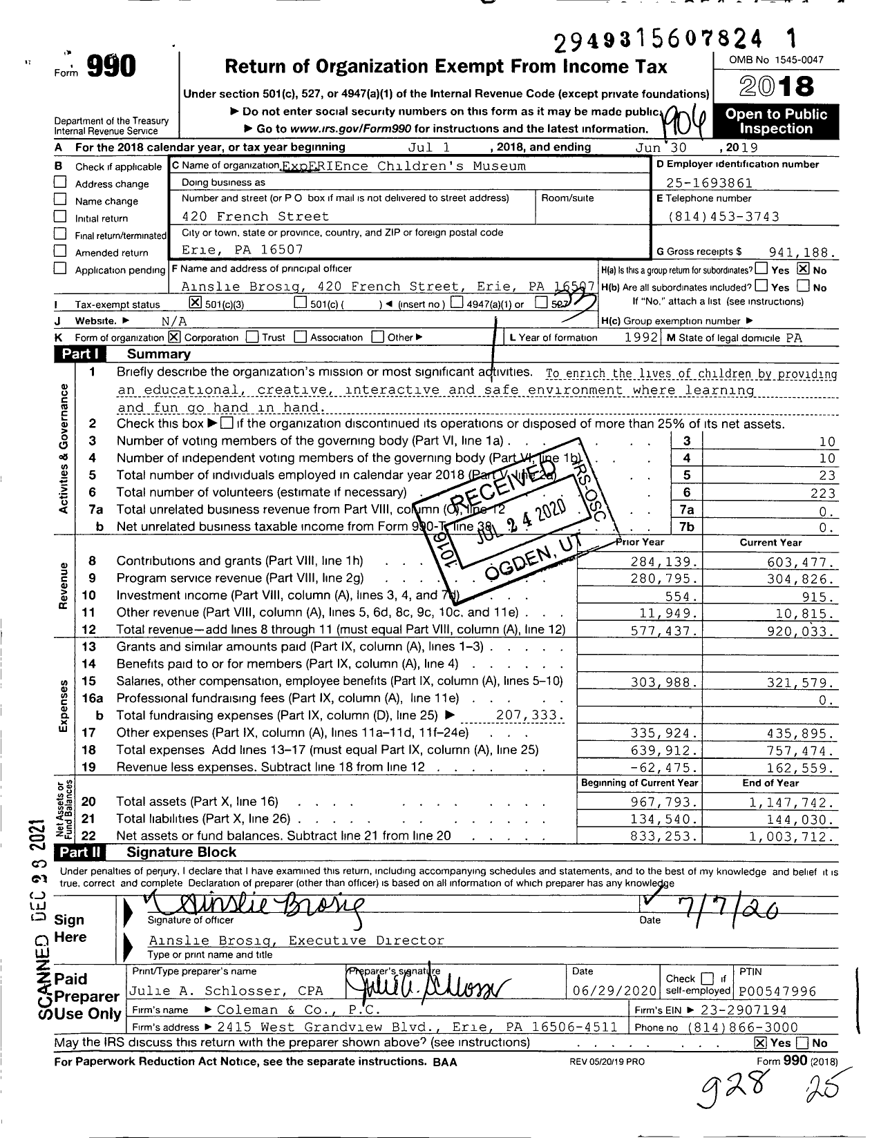 Image of first page of 2018 Form 990 for ExpERIEnce Children's Museum