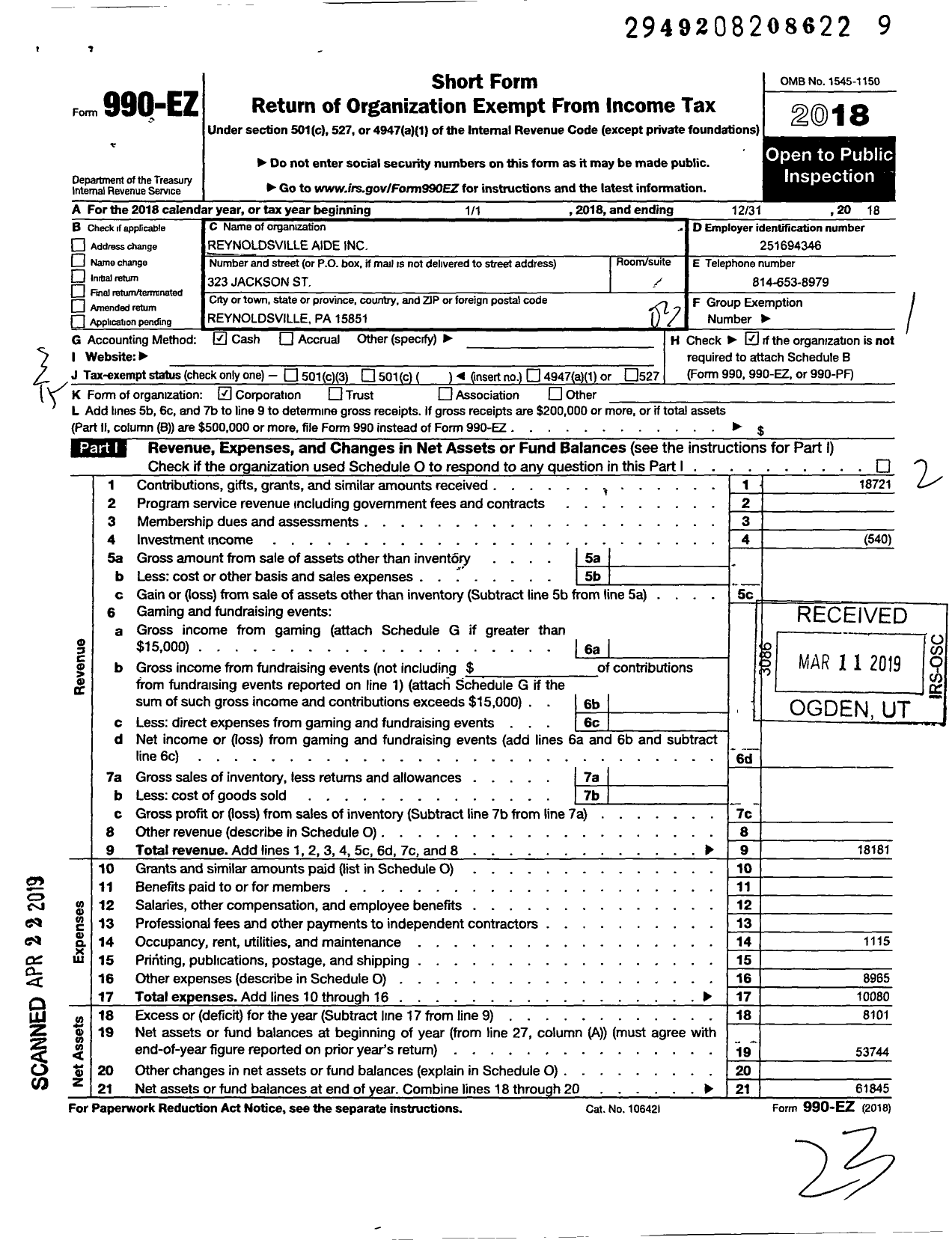 Image of first page of 2018 Form 990EZ for Reynoldsville Aid