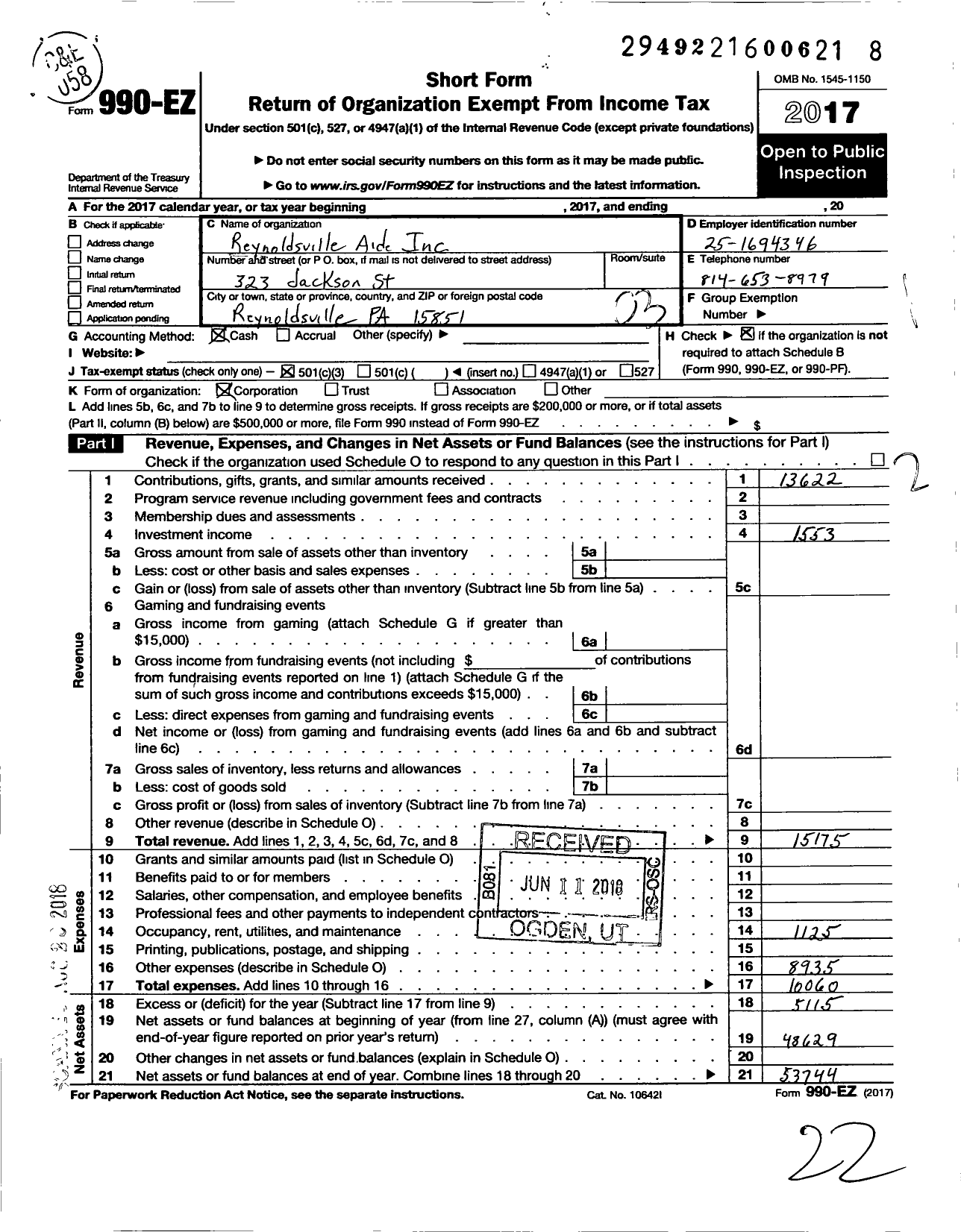 Image of first page of 2017 Form 990EZ for Reynoldsville Aid