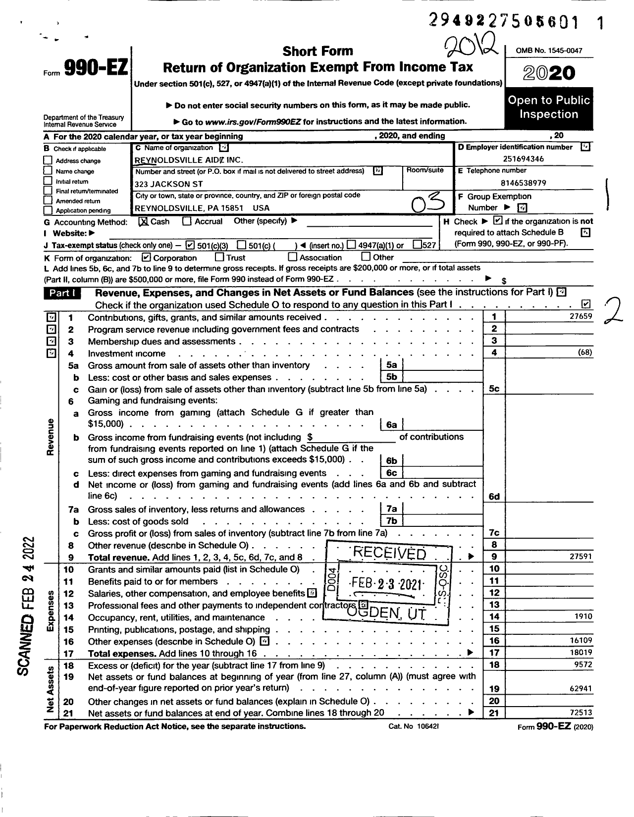 Image of first page of 2020 Form 990EZ for Reynoldsville Aid