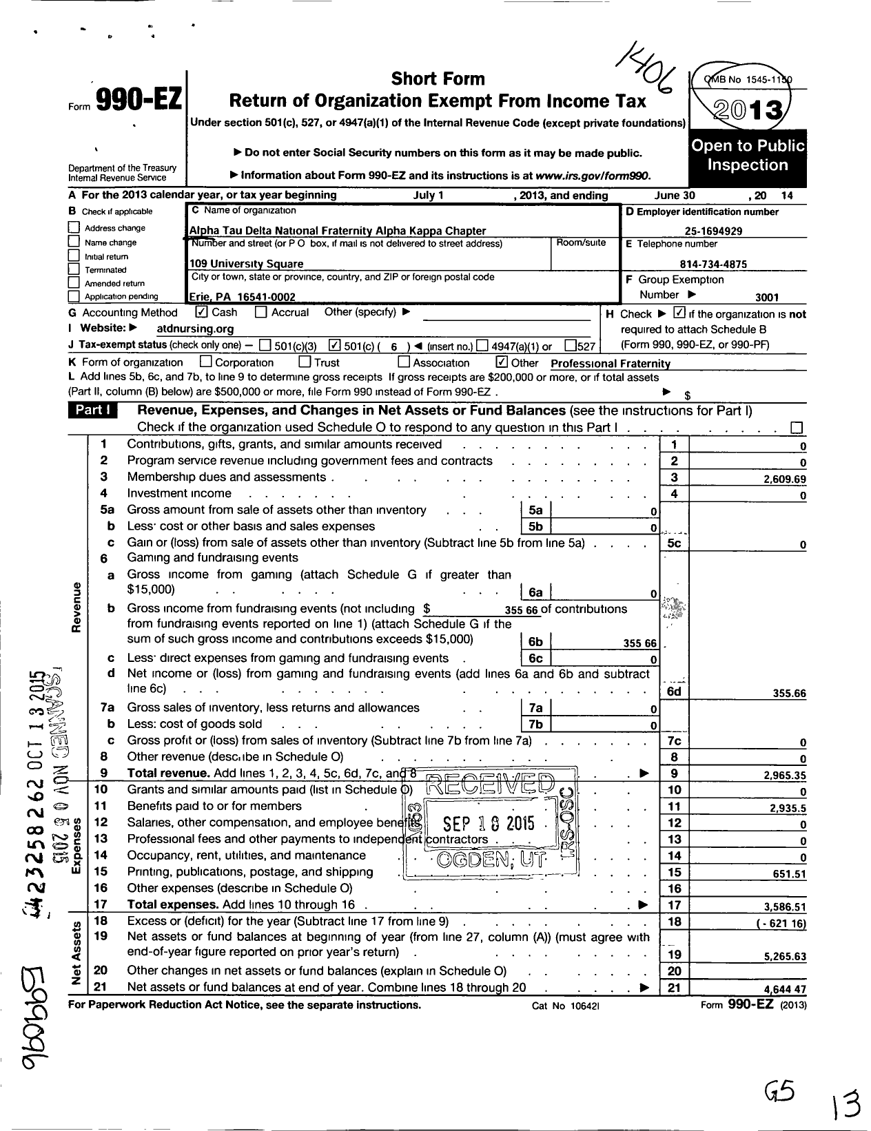 Image of first page of 2013 Form 990EO for Alpha Tau Delta National Fraternity for Professional Nurses / Alpha Kappa Chapter