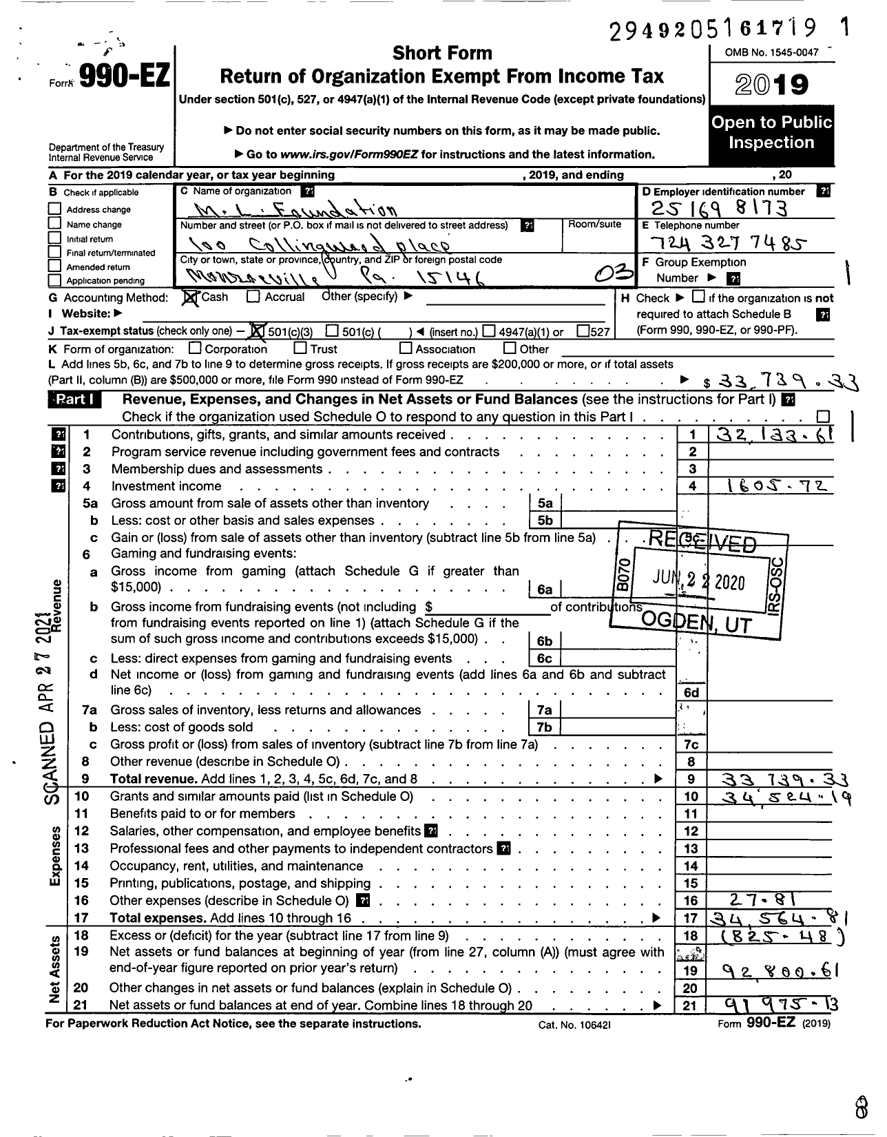 Image of first page of 2019 Form 990EZ for M L Foundation