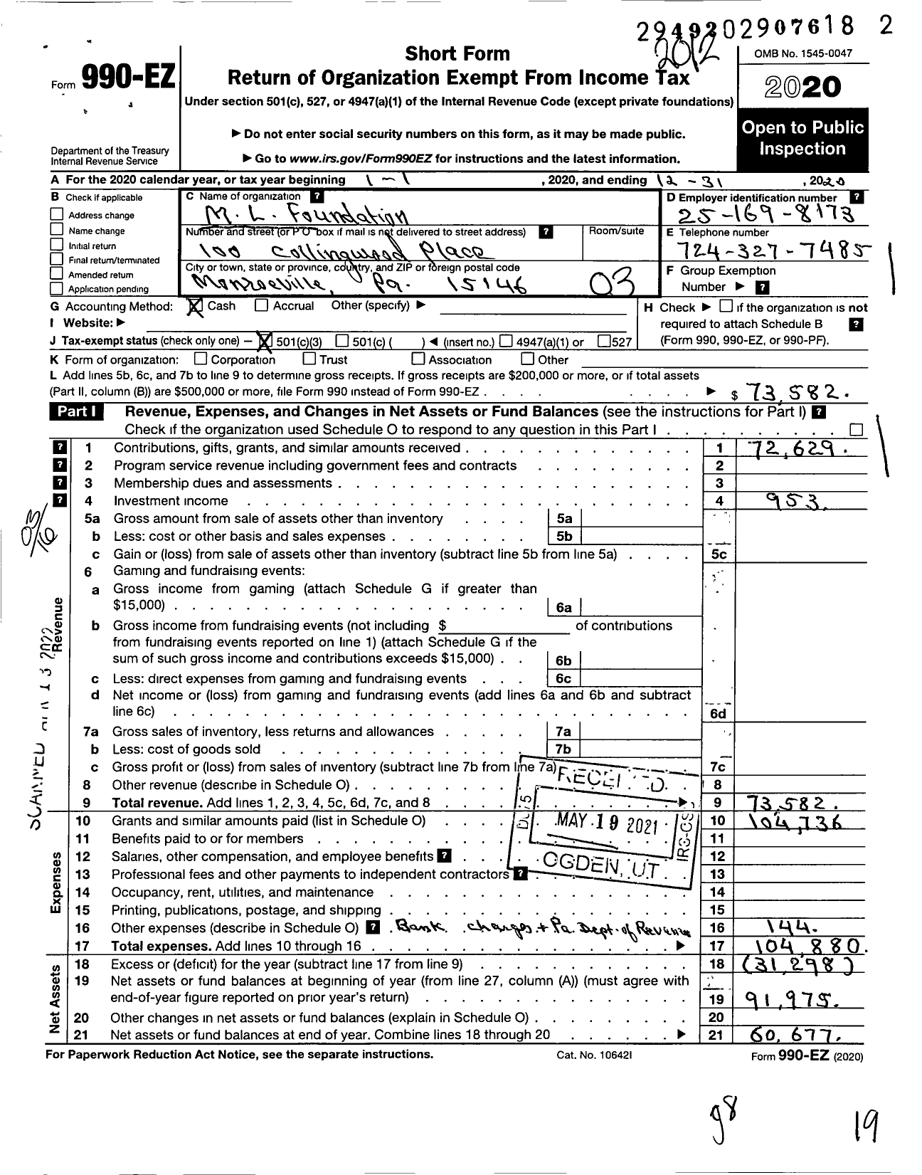 Image of first page of 2020 Form 990EZ for M L Foundation