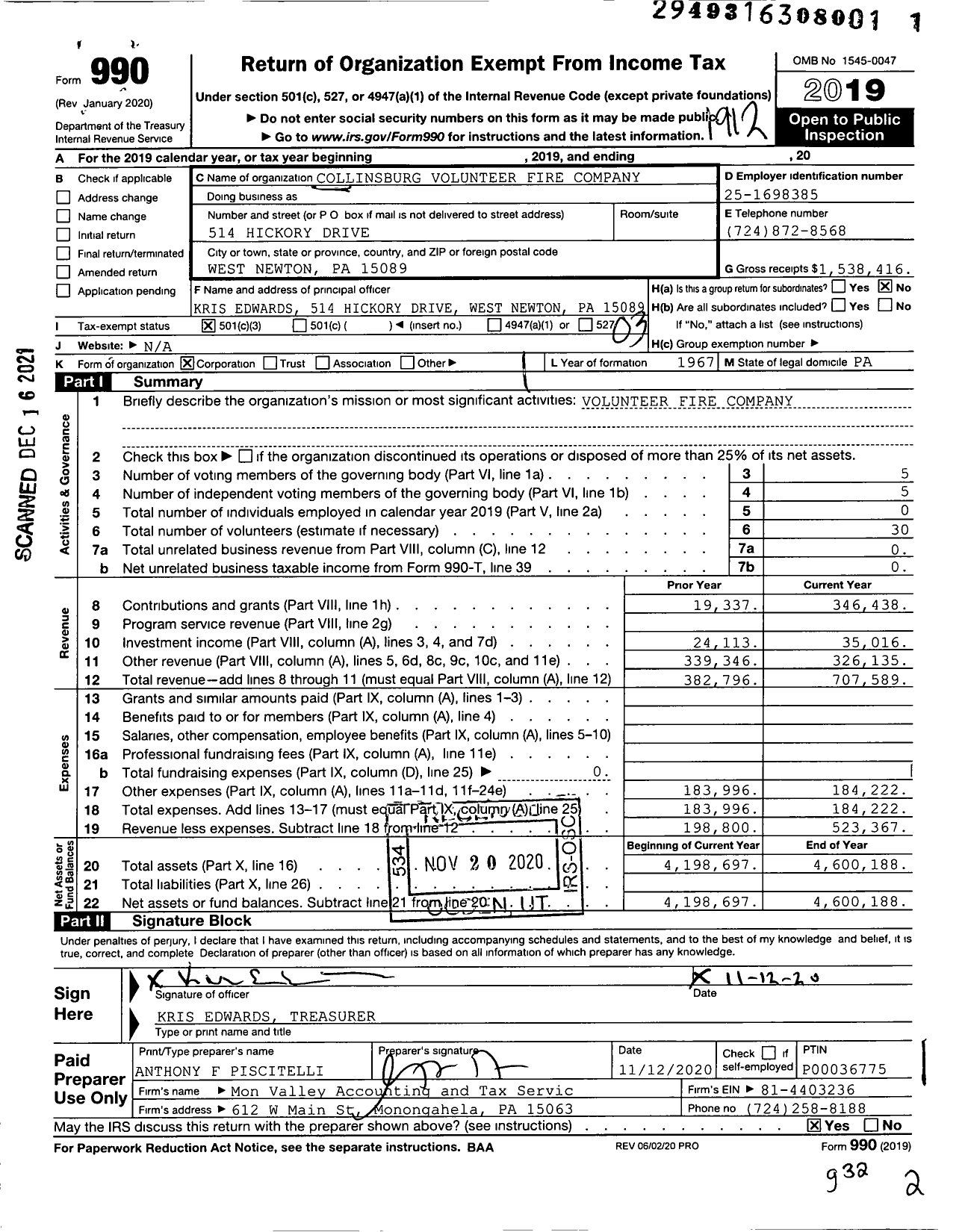 Image of first page of 2019 Form 990 for Collinsburg Volunteer Fire Company