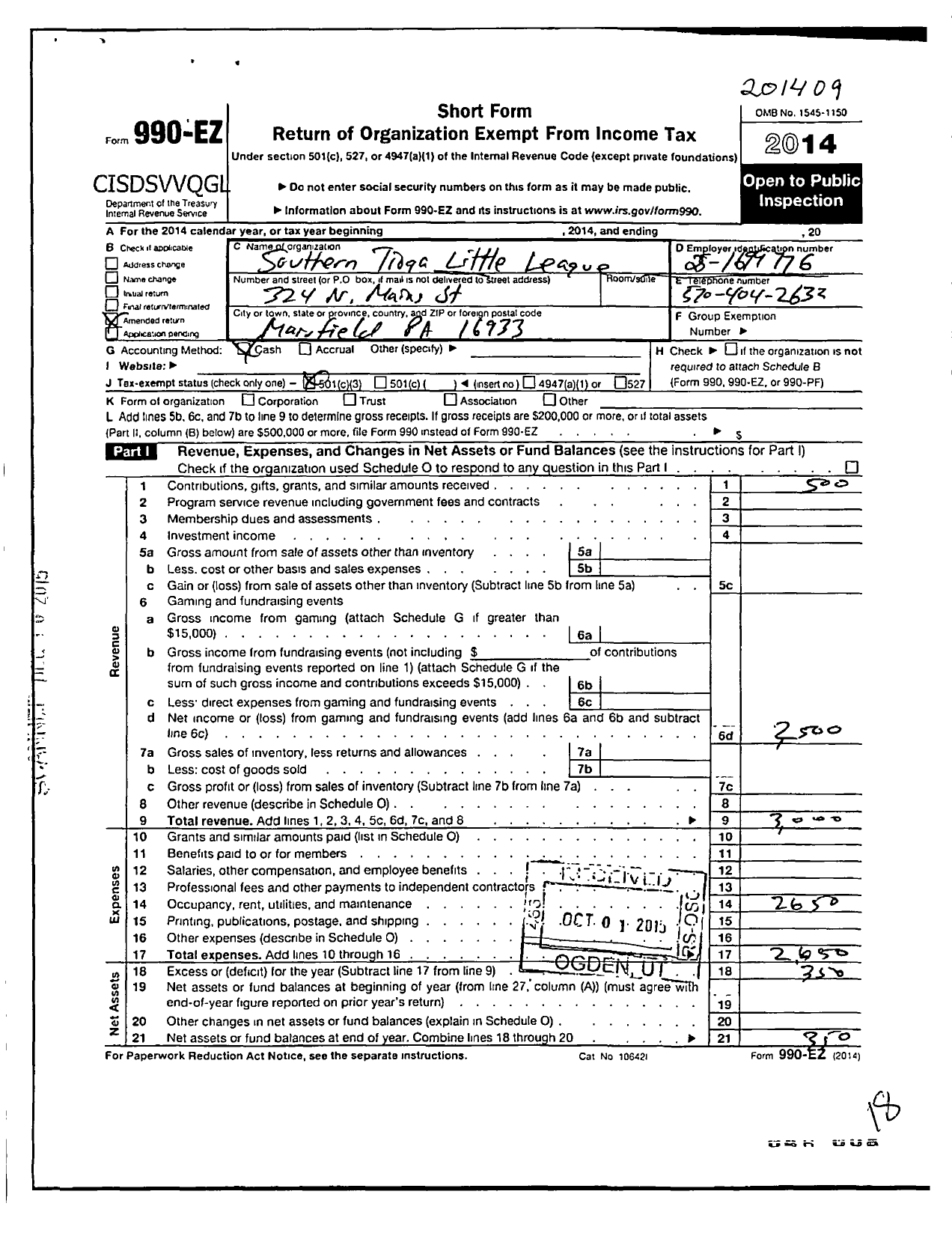 Image of first page of 2014 Form 990EZ for Little League Baseball 2381517 Southern Tioga LL