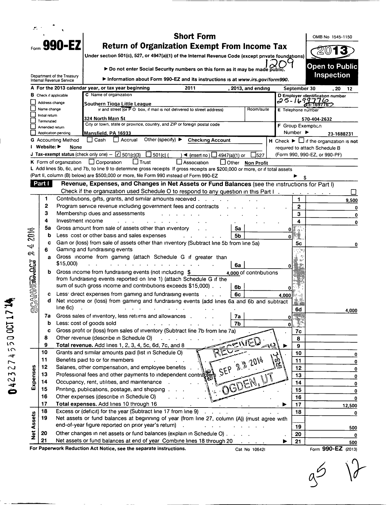 Image of first page of 2011 Form 990EZ for Little League Baseball 2381517 Southern Tioga LL