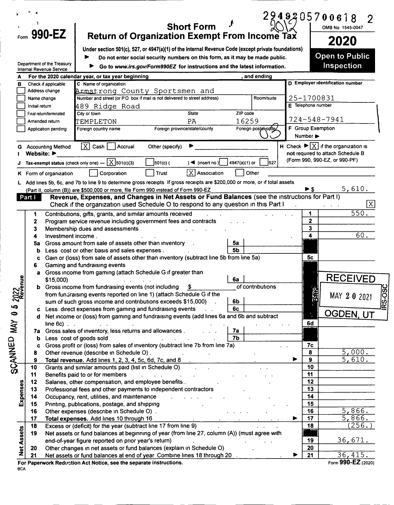 Image of first page of 2020 Form 990EZ for Armstrong County Sportsmen and Conservation League Memorial Schlp