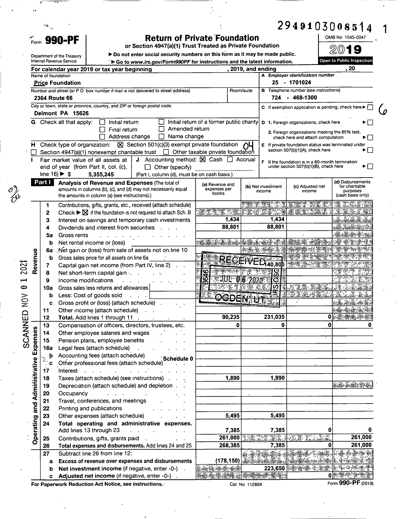 Image of first page of 2019 Form 990PF for Price Foundation