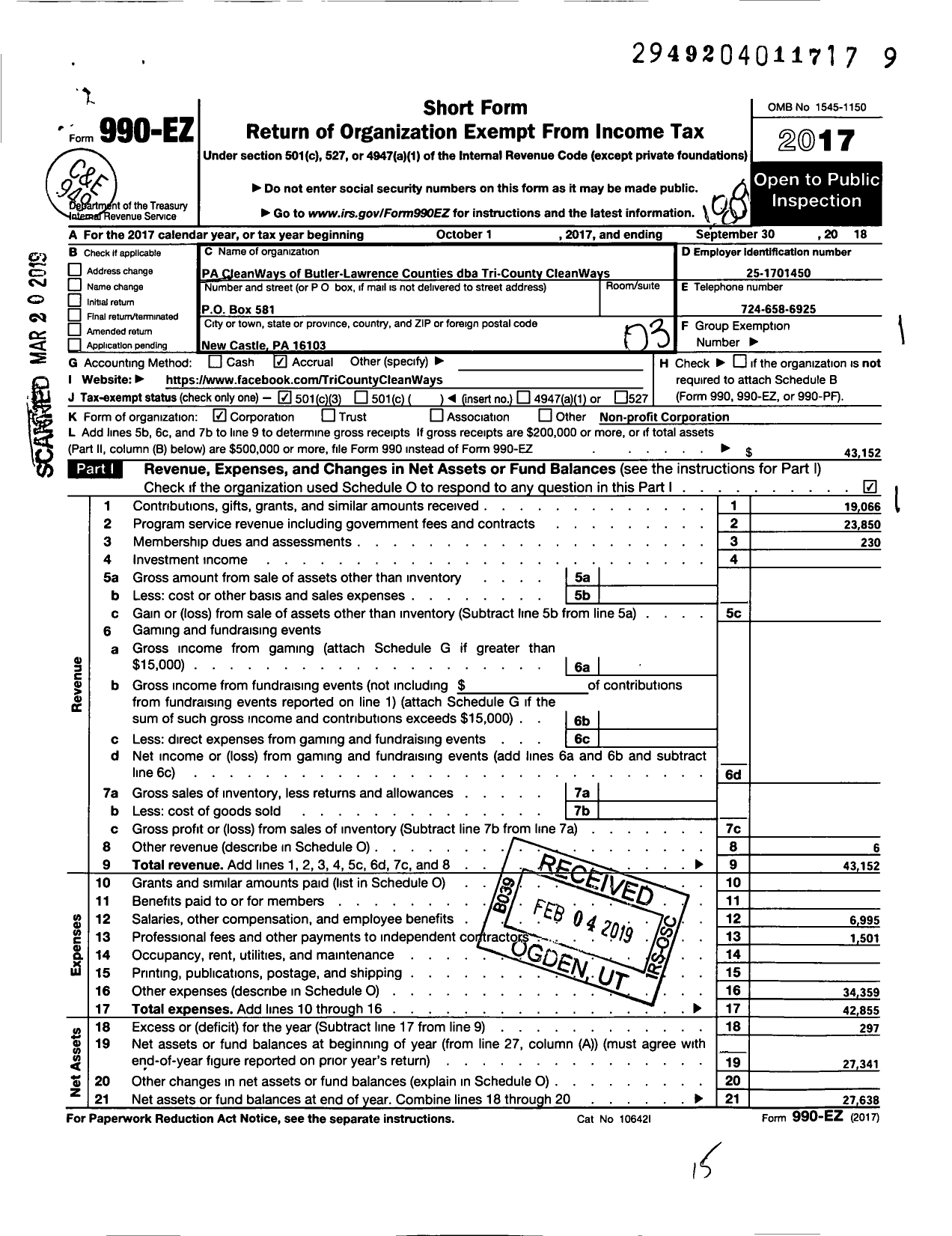 Image of first page of 2017 Form 990EZ for Pa Cleanways of Butler-Lawrence Counties (Tri-County Cleanways)