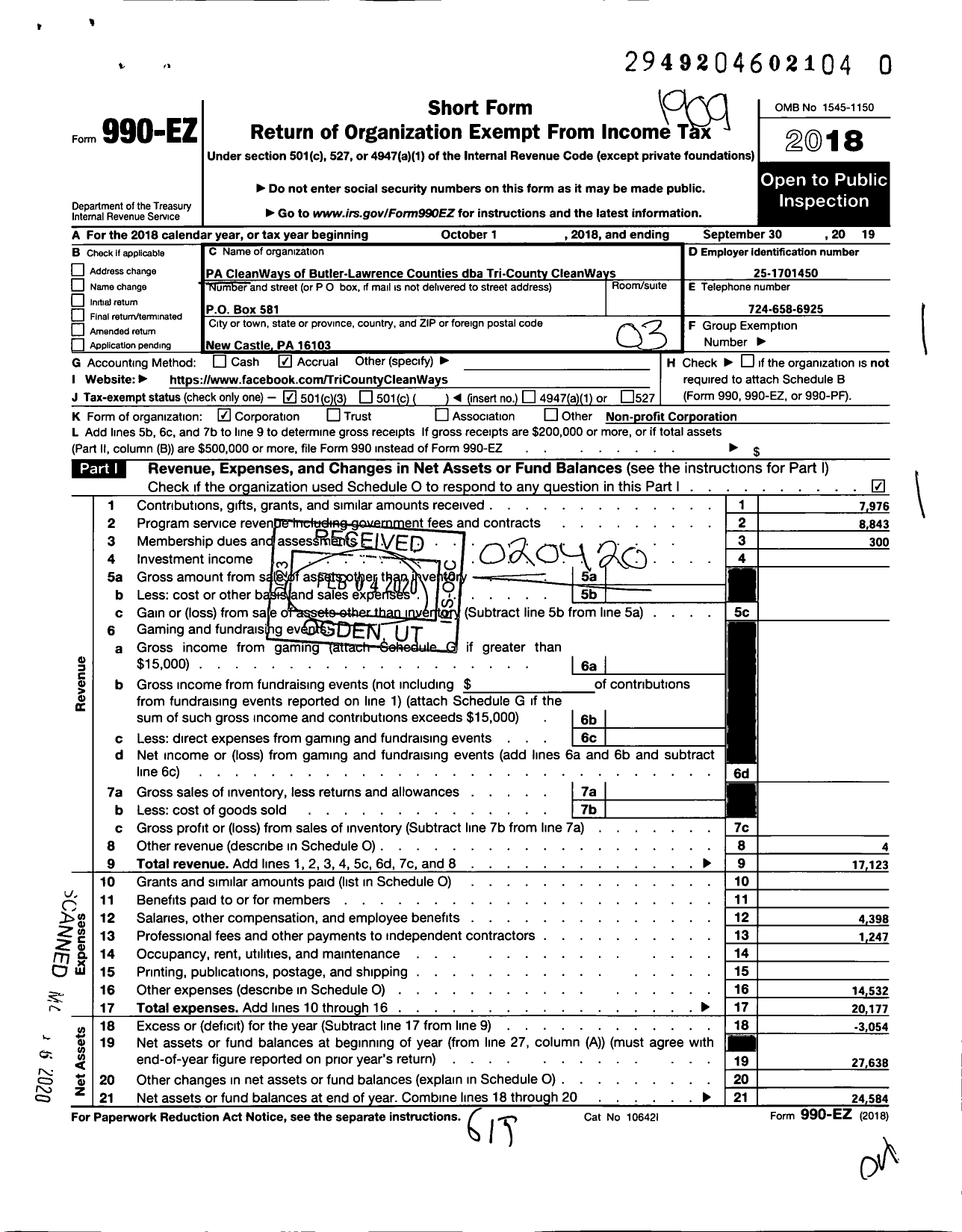 Image of first page of 2018 Form 990EZ for Pa Cleanways of Butler-Lawrence Counties (Tri-County Cleanways)