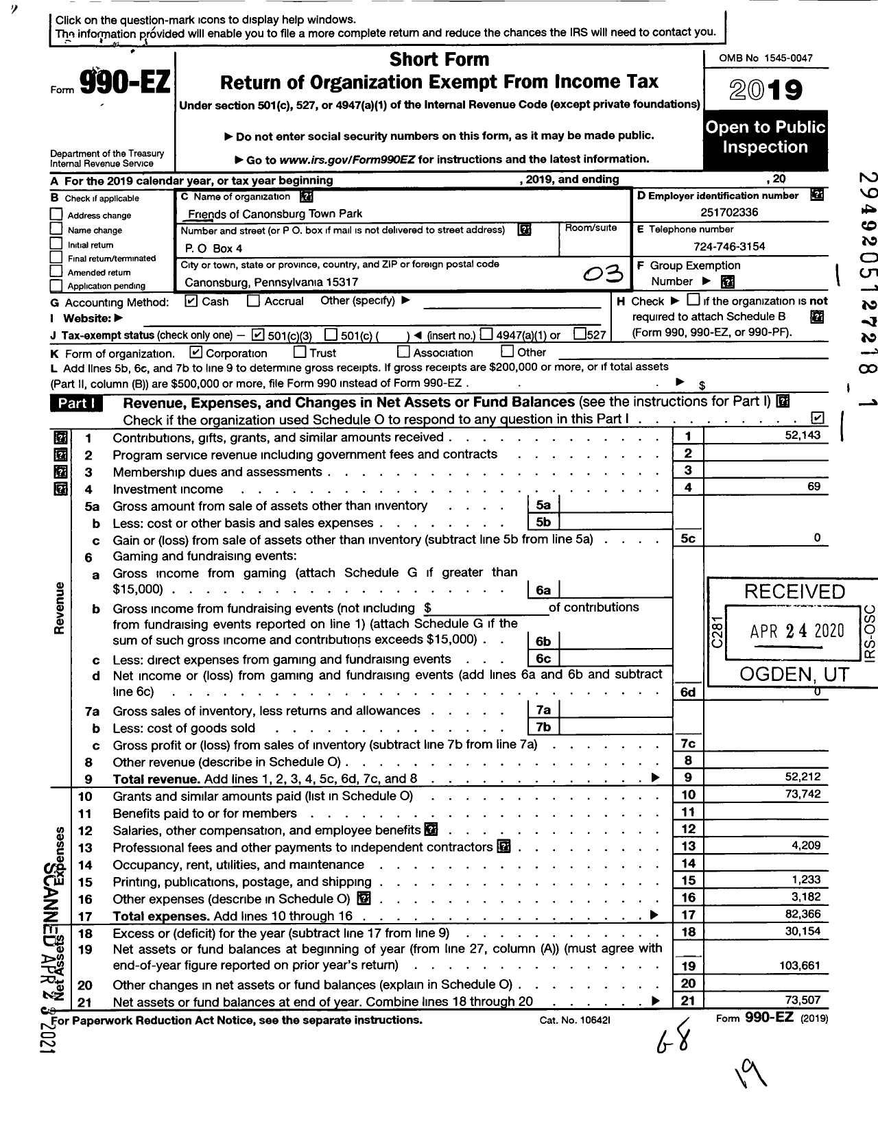 Image of first page of 2019 Form 990EZ for Friends of Canonsburg Town Park