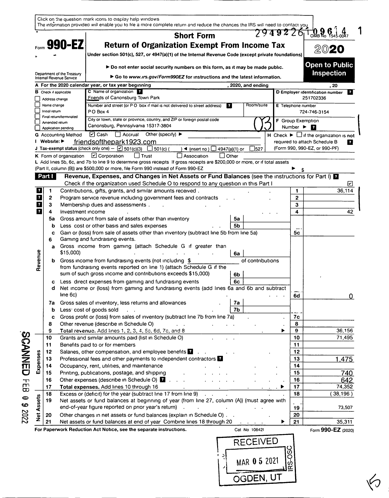 Image of first page of 2020 Form 990EZ for Friends of Canonsburg Town Park