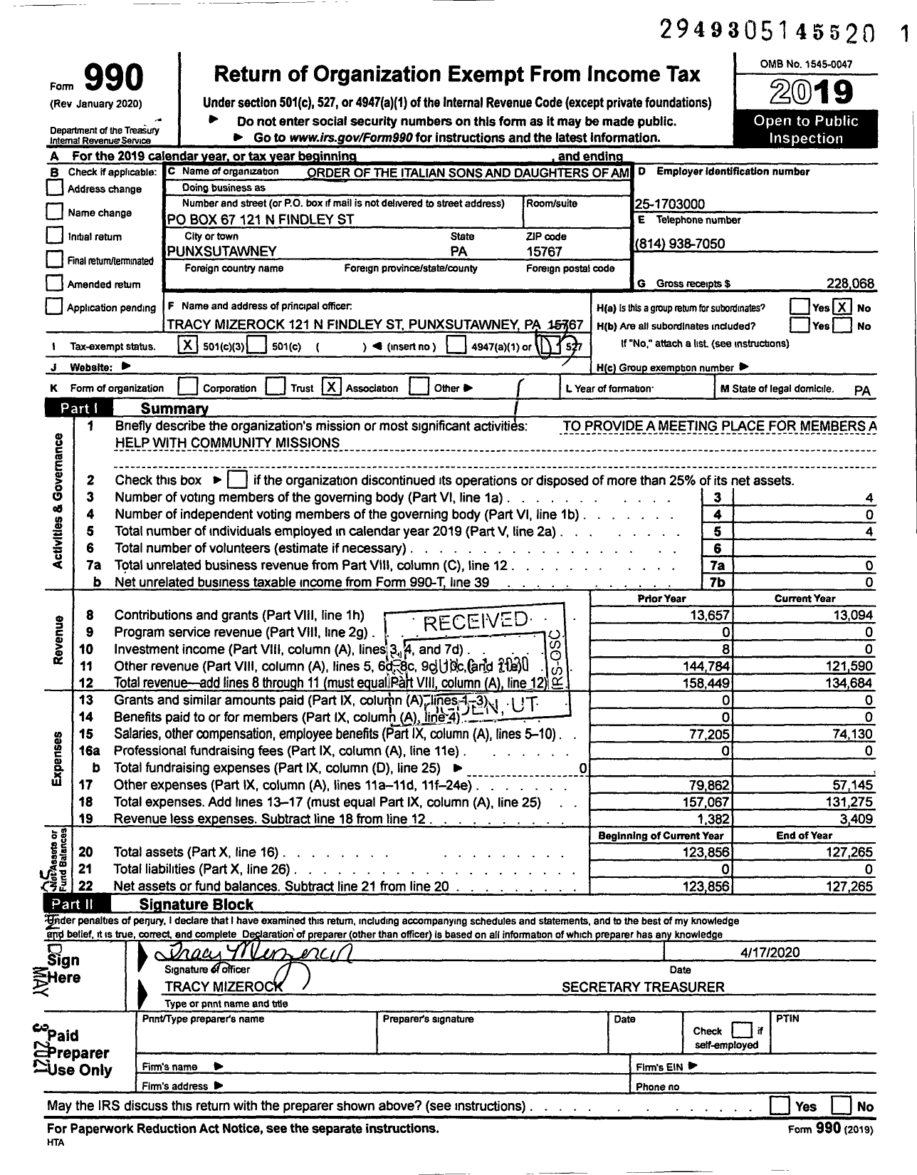 Image of first page of 2019 Form 990 for Order Italian Sons and Daughters of America - 17 Vittorio Vento Lodge