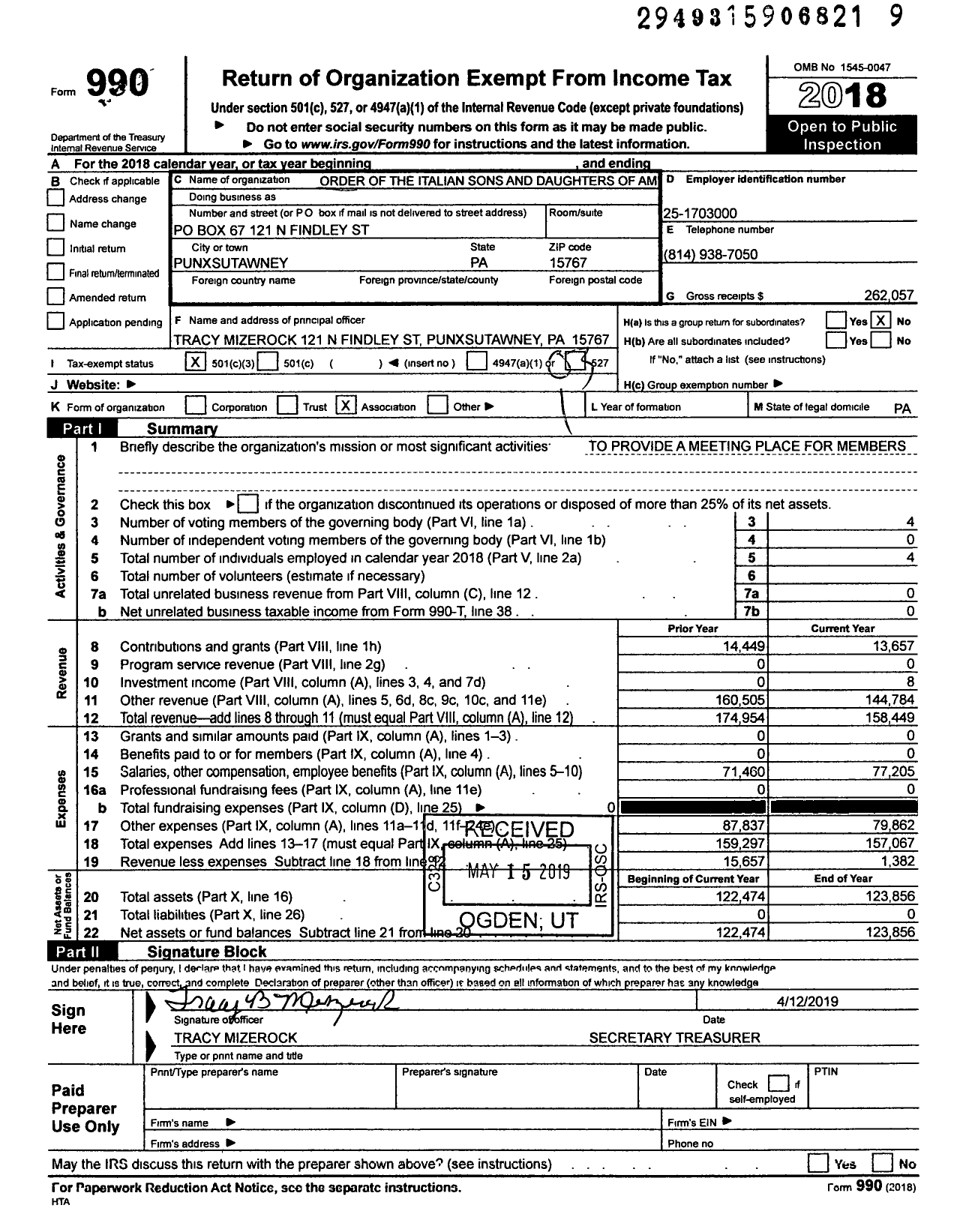 Image of first page of 2018 Form 990 for Order Italian Sons and Daughters of America - 17 Vittorio Vento Lodge