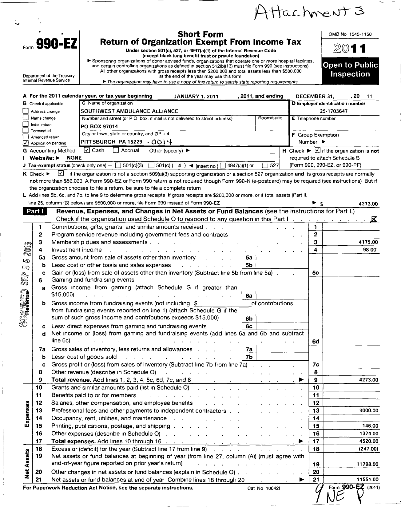 Image of first page of 2011 Form 990EO for Southwest Ambulance Alliance