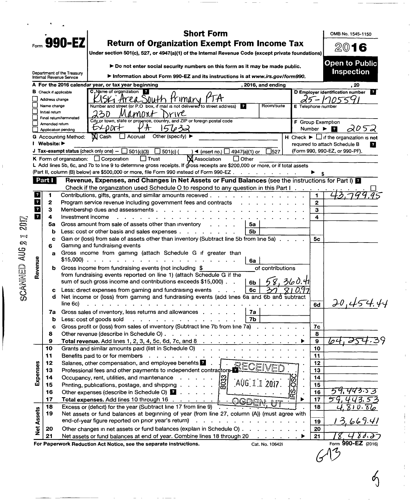 Image of first page of 2016 Form 990EO for Kiski Area South Primary PTA
