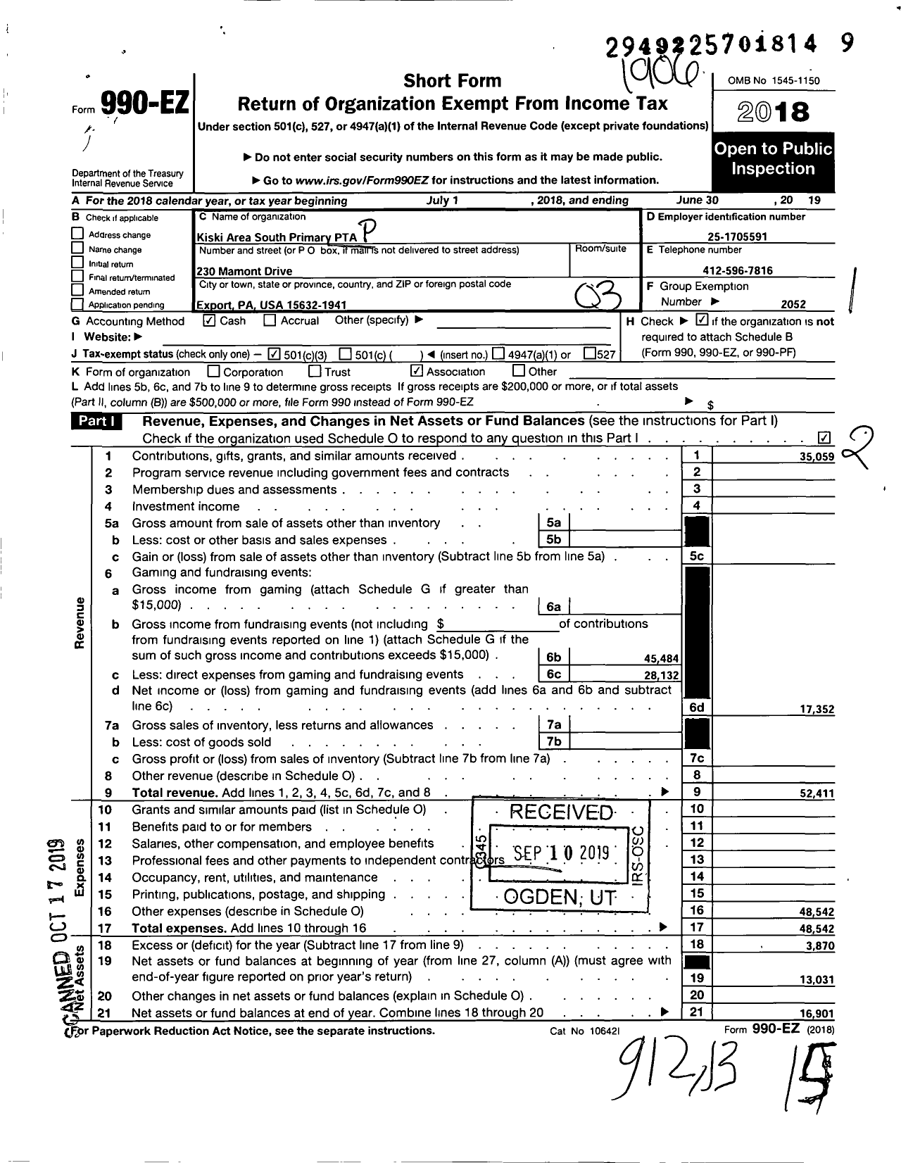 Image of first page of 2018 Form 990EZ for Kiski Area South Primary PTA