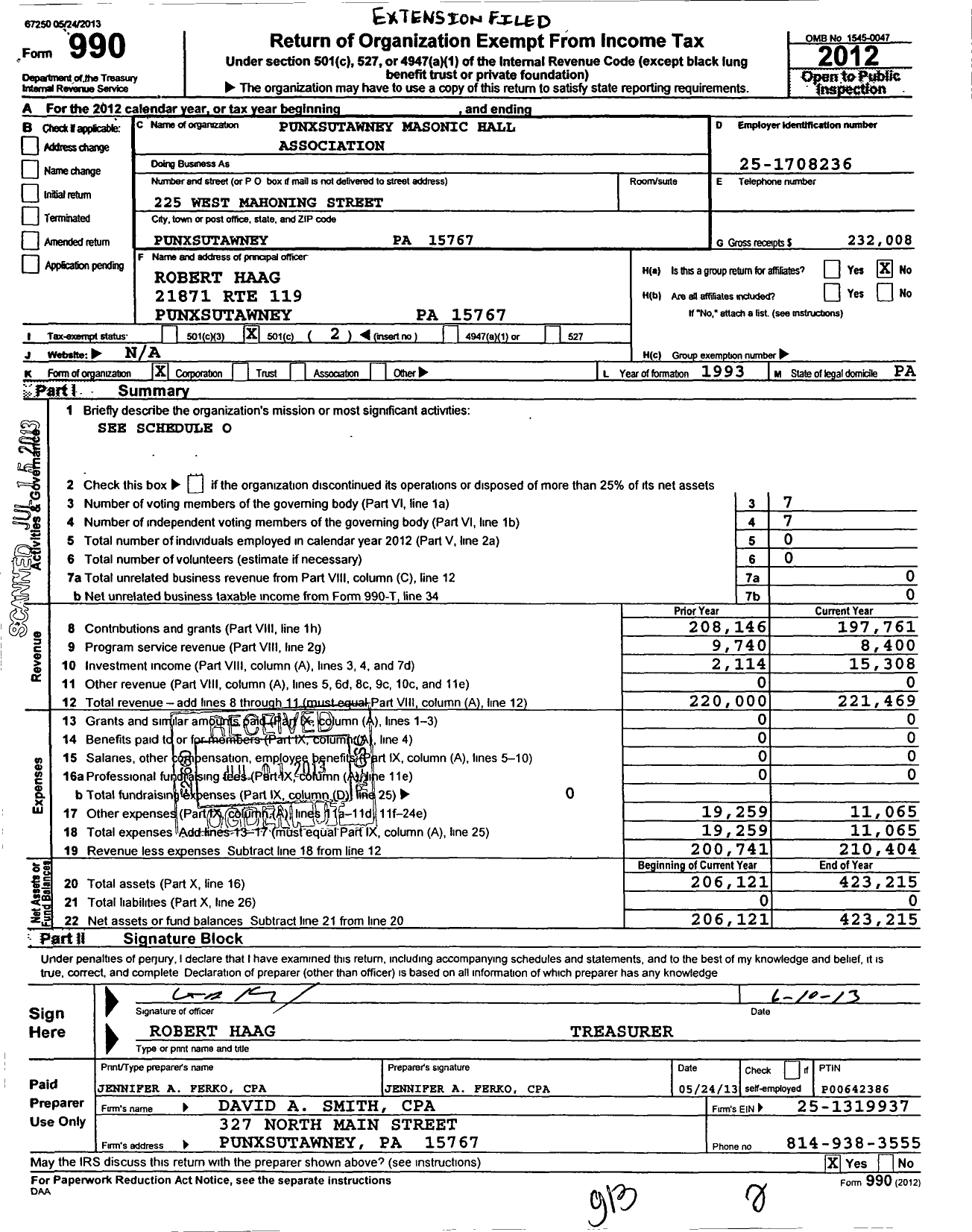 Image of first page of 2012 Form 990O for Punxsutawney Masonic Hall Association