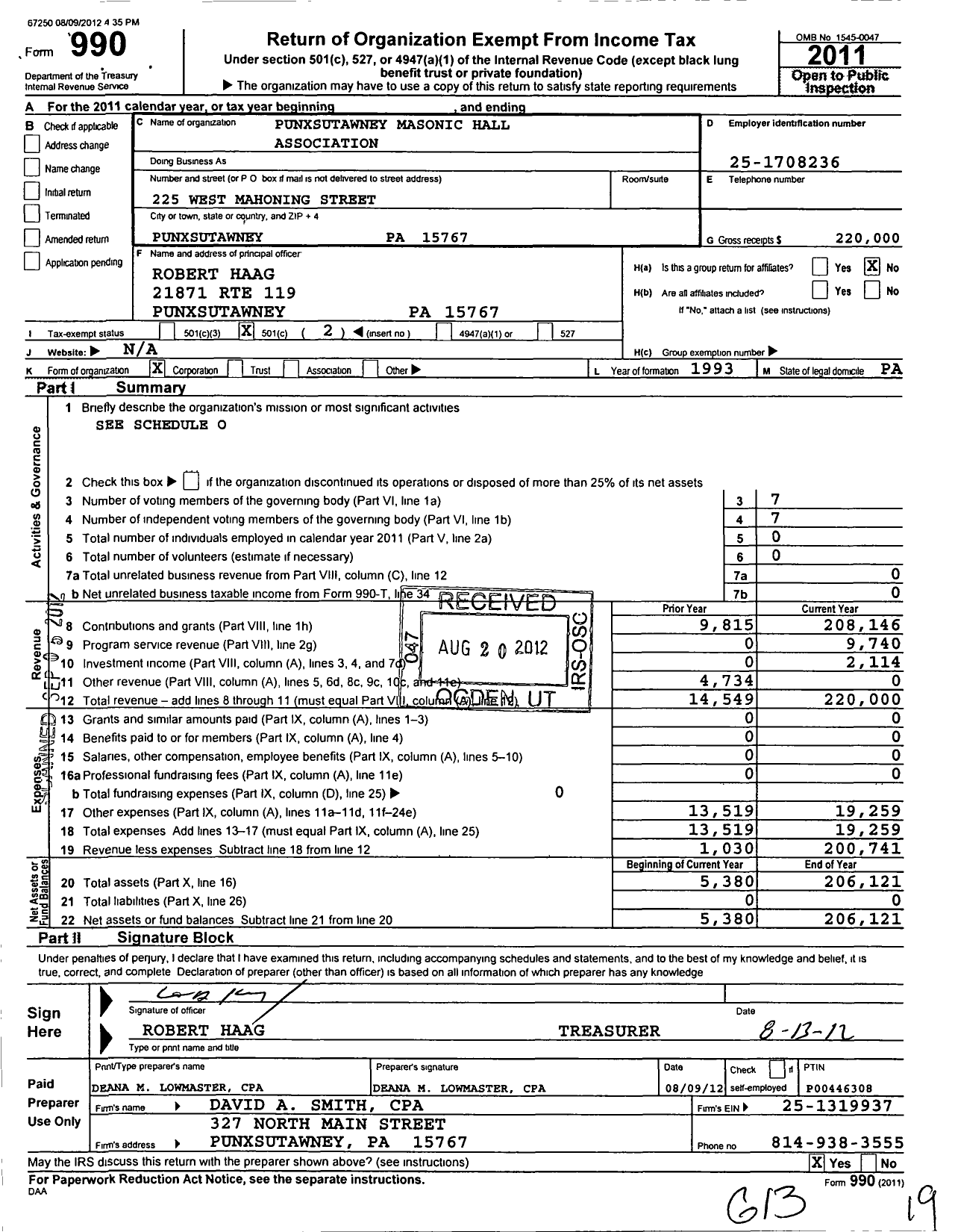 Image of first page of 2011 Form 990O for Punxsutawney Masonic Hall Association