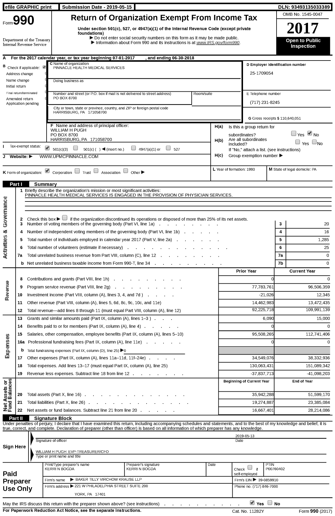 Image of first page of 2017 Form 990 for Pinnacle Health Medical Services