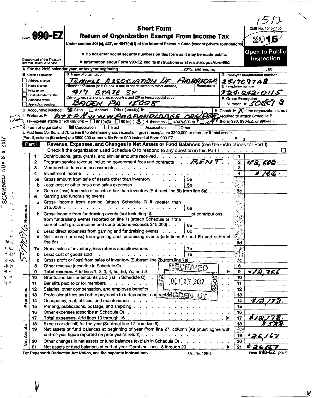 Image of first page of 2015 Form 990EO for Temple Association