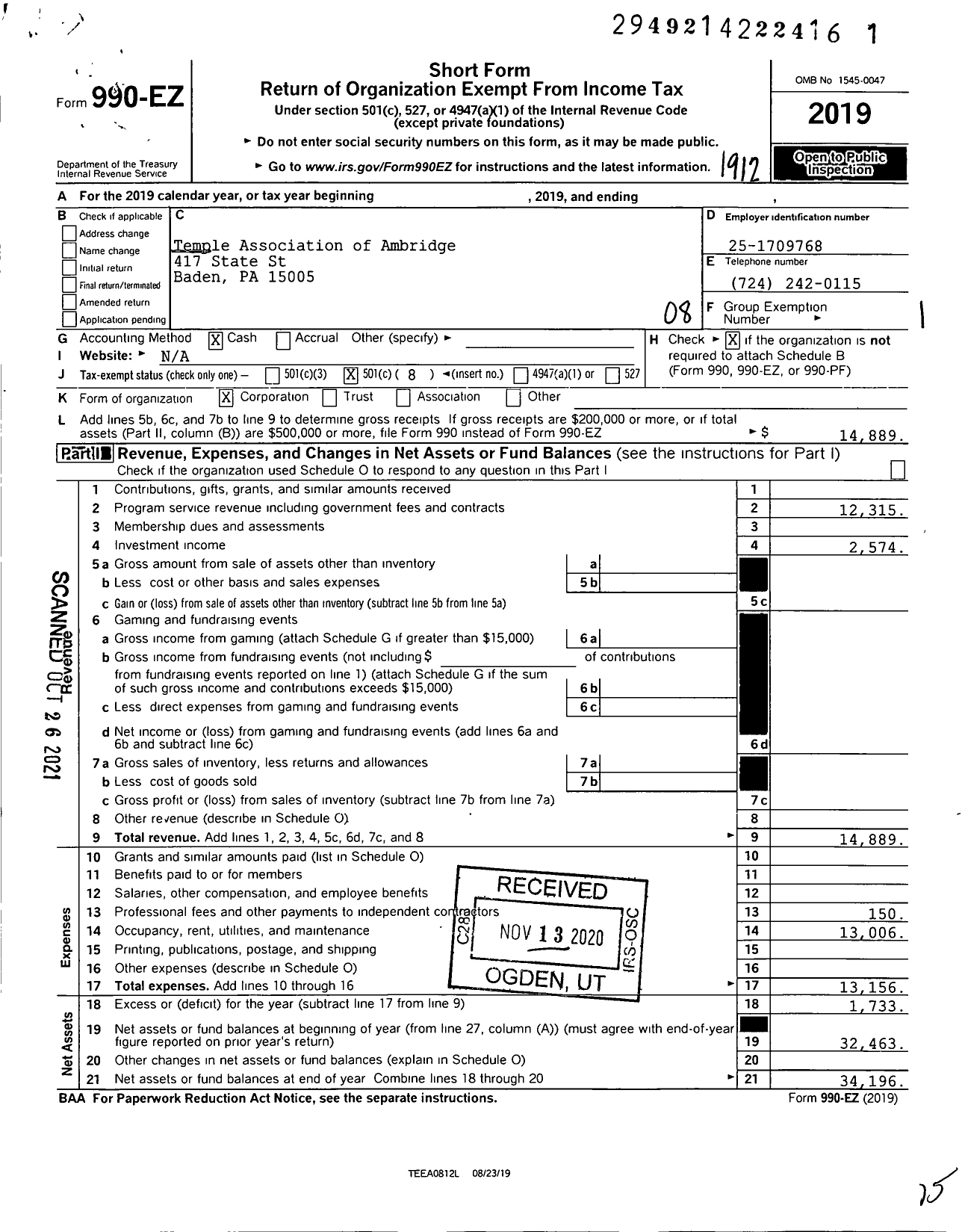 Image of first page of 2019 Form 990EO for Temple Association