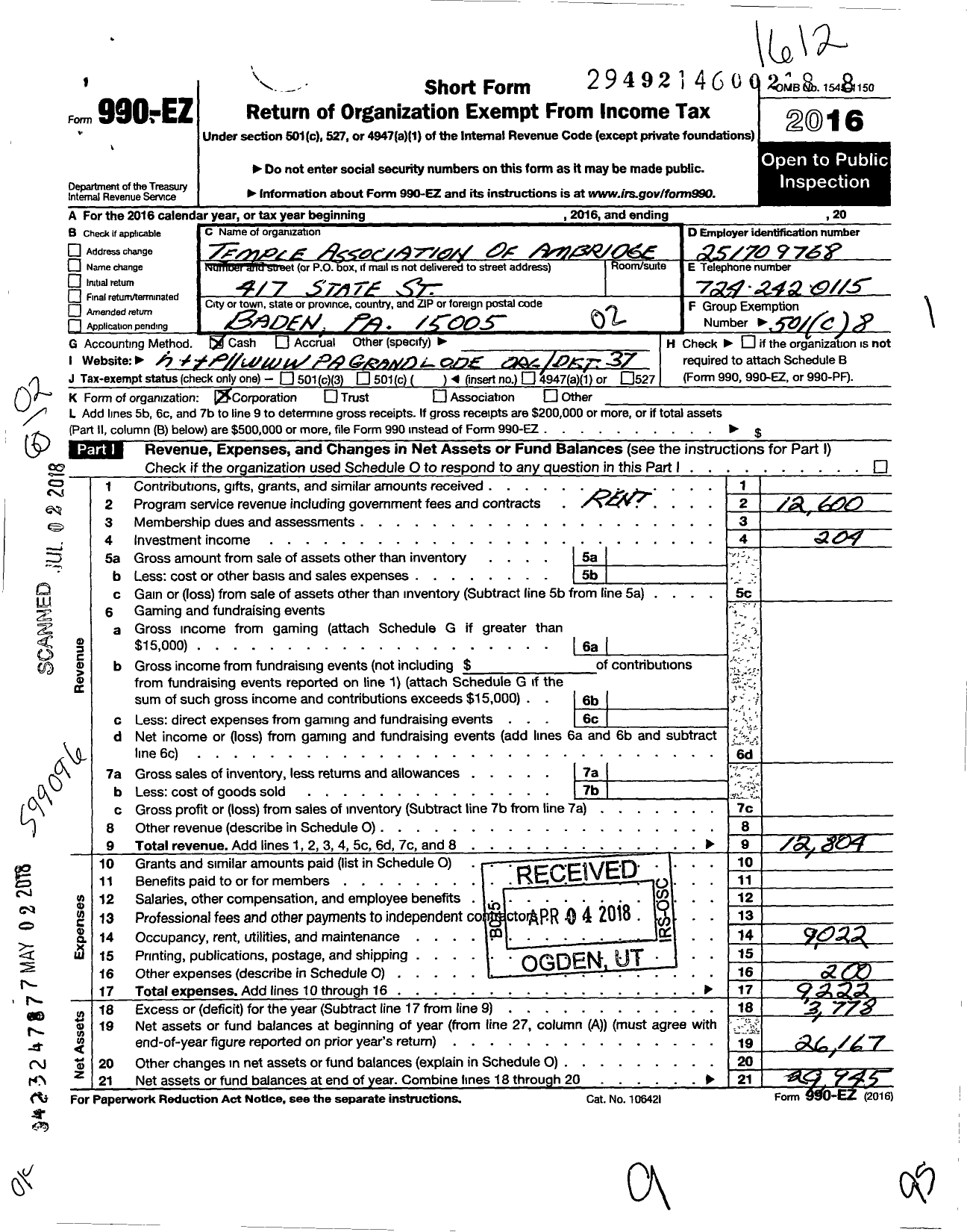 Image of first page of 2016 Form 990EO for Temple Association