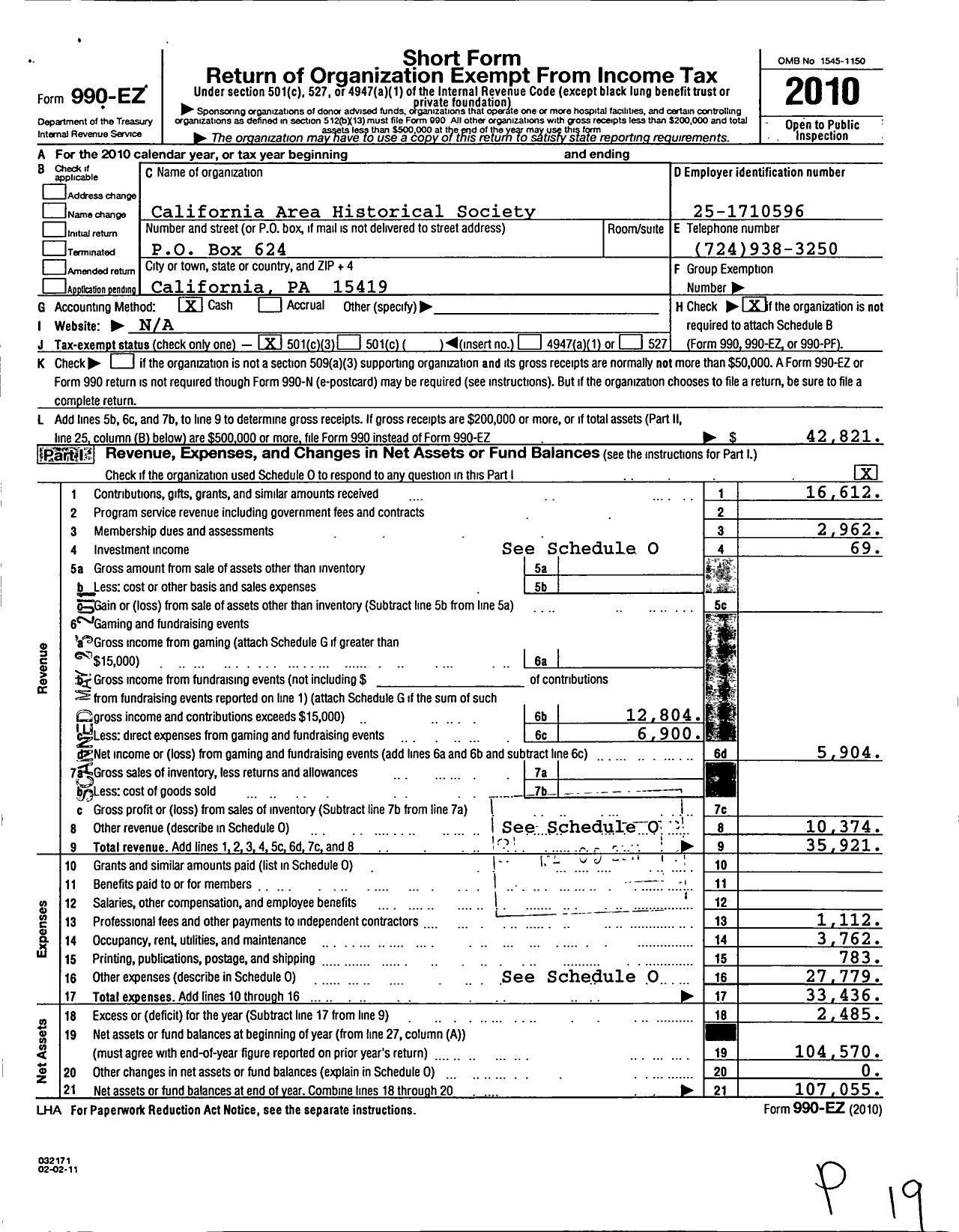 Image of first page of 2010 Form 990EZ for California Area Historical Society